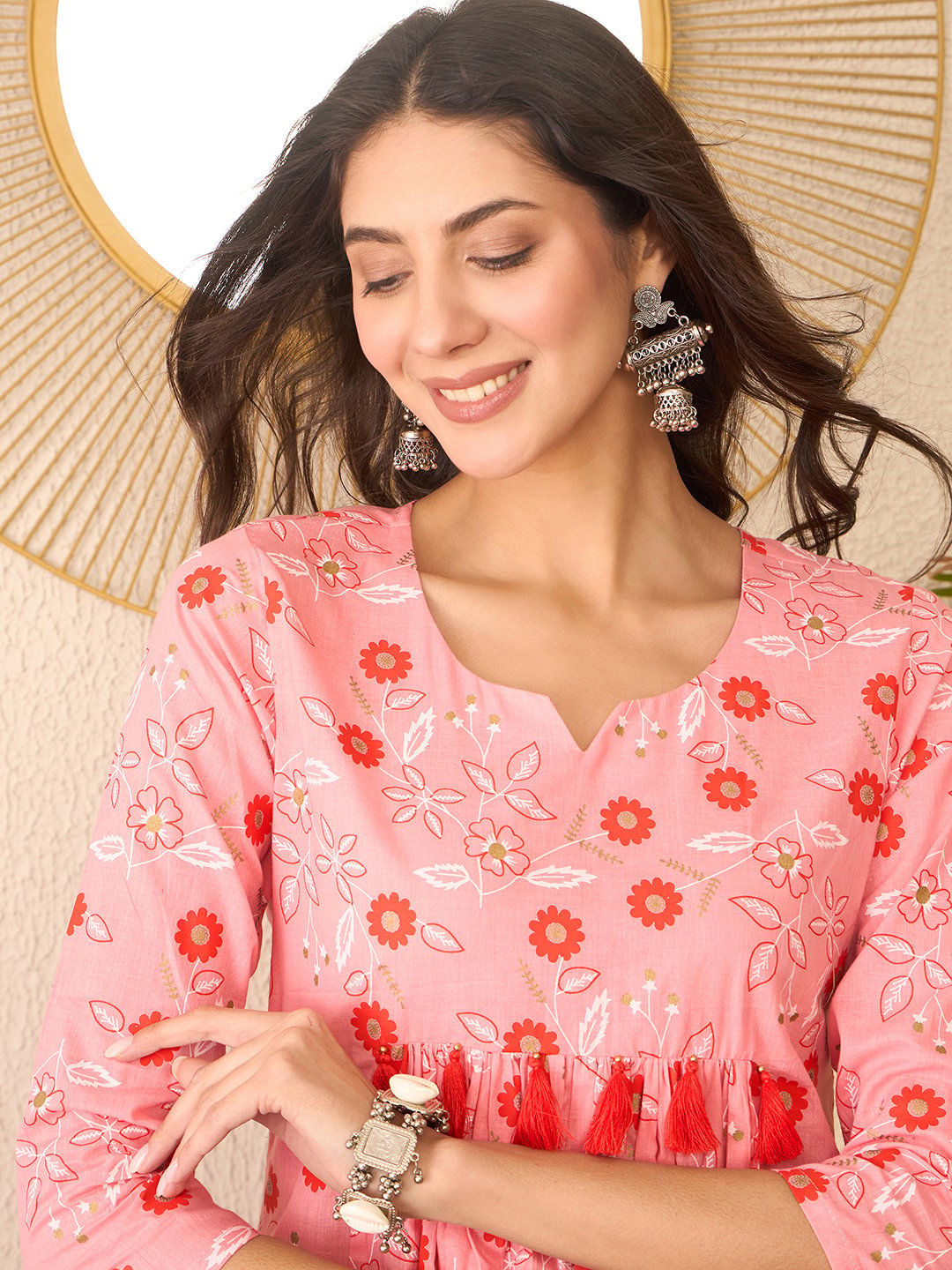 Pink Cotton Blend Floral Printed Regular Peplum Top
