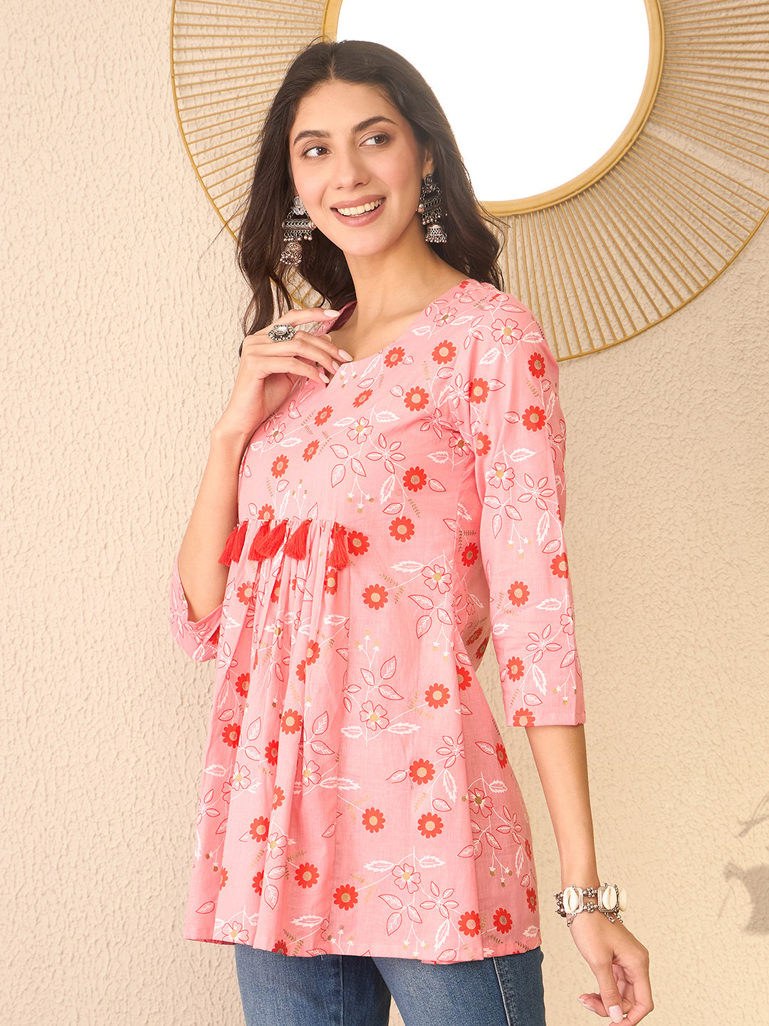 Pink Cotton Blend Floral Printed Regular Peplum Top