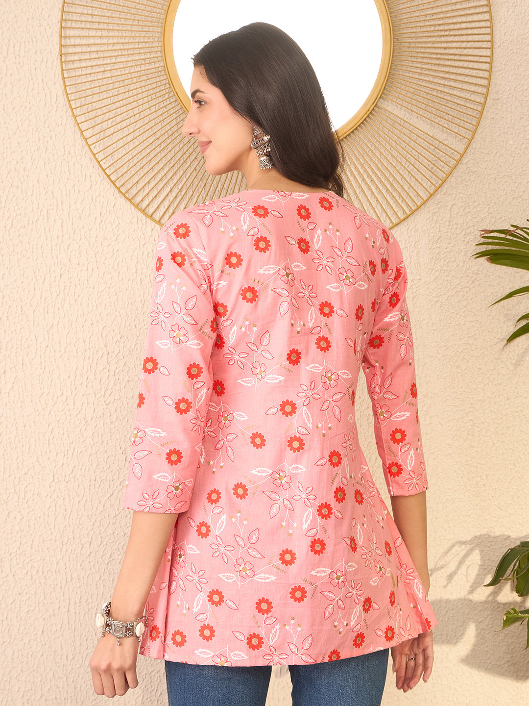 Pink Cotton Blend Floral Printed Regular Peplum Top