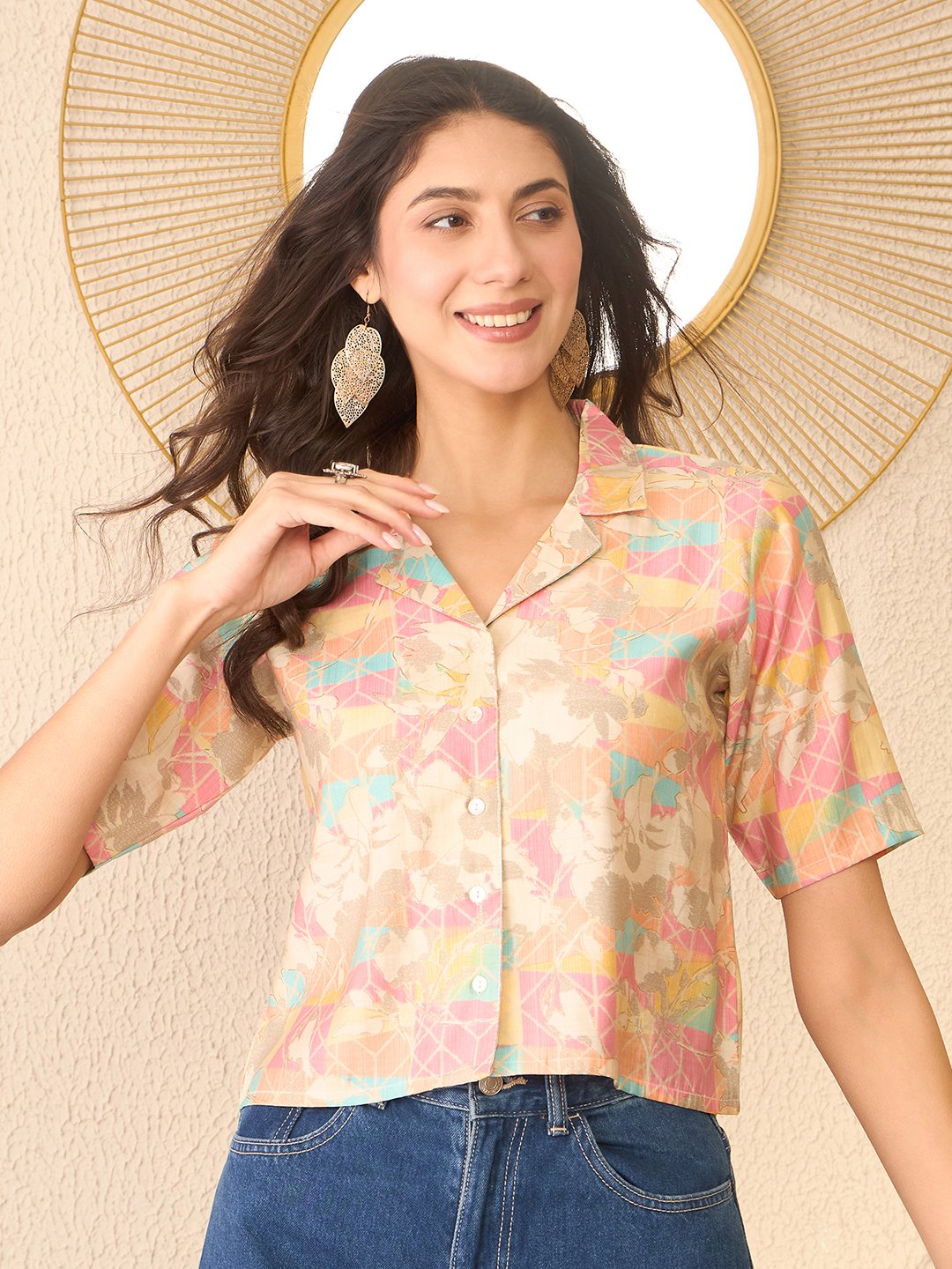 Multi-Color Abstract Print Button-Up Shirt Collar Top