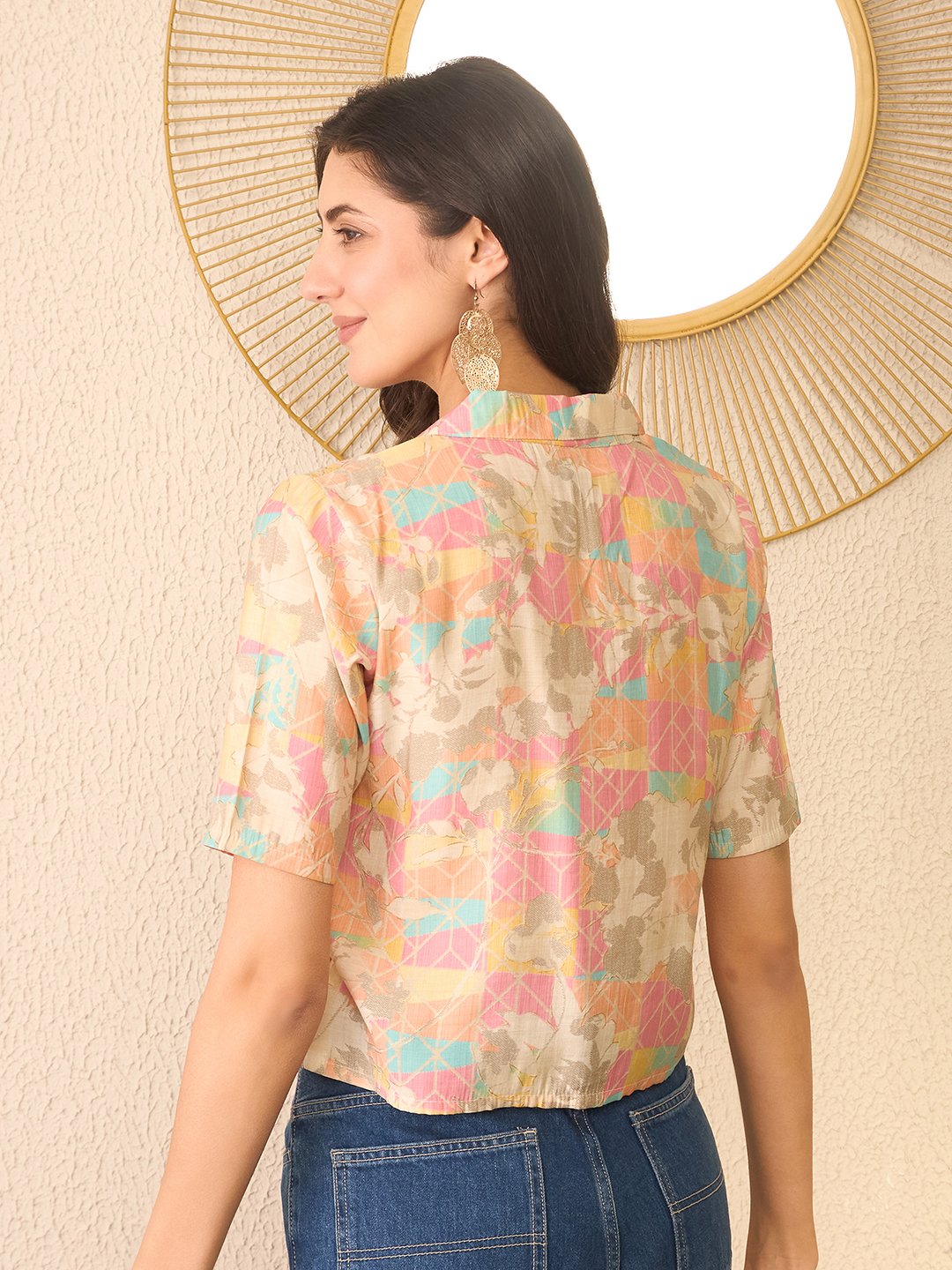 Multi-Color Abstract Print Button-Up Shirt Collar Top