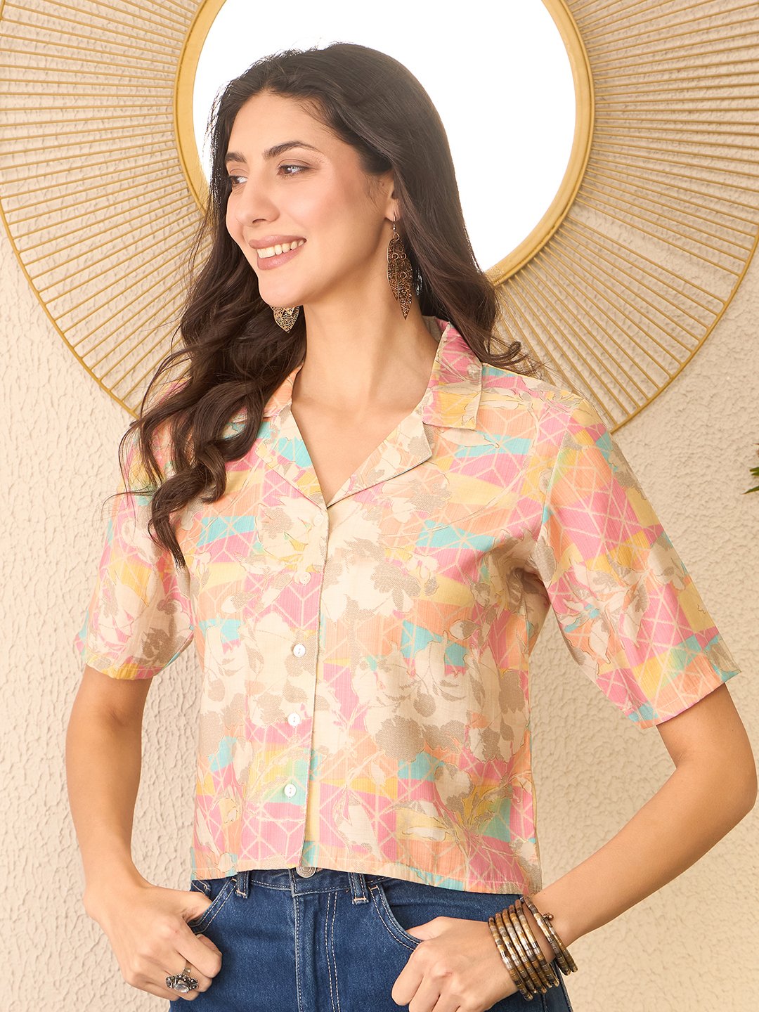 Multi-Color Abstract Print Button-Up Shirt Collar Top