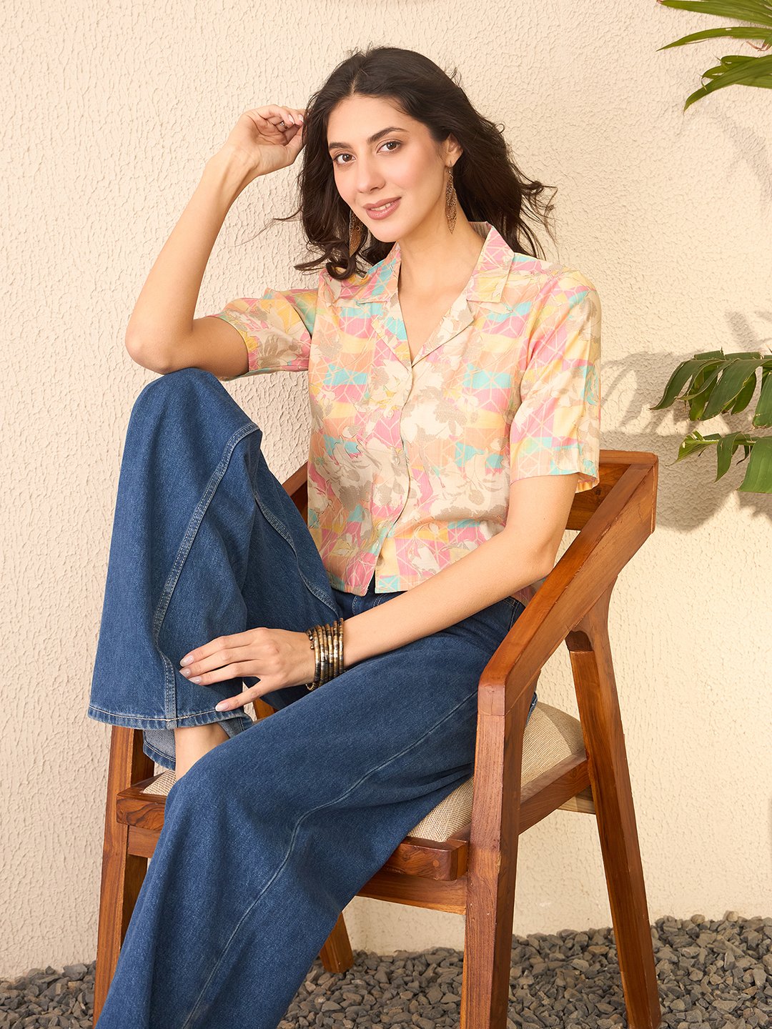 Multi-Color Abstract Print Button-Up Shirt Collar Top