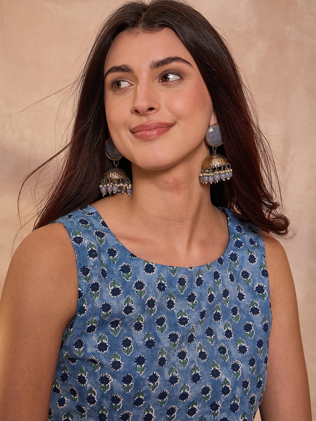 Blue Floral Print Sleeveless Cotton Blend Top
