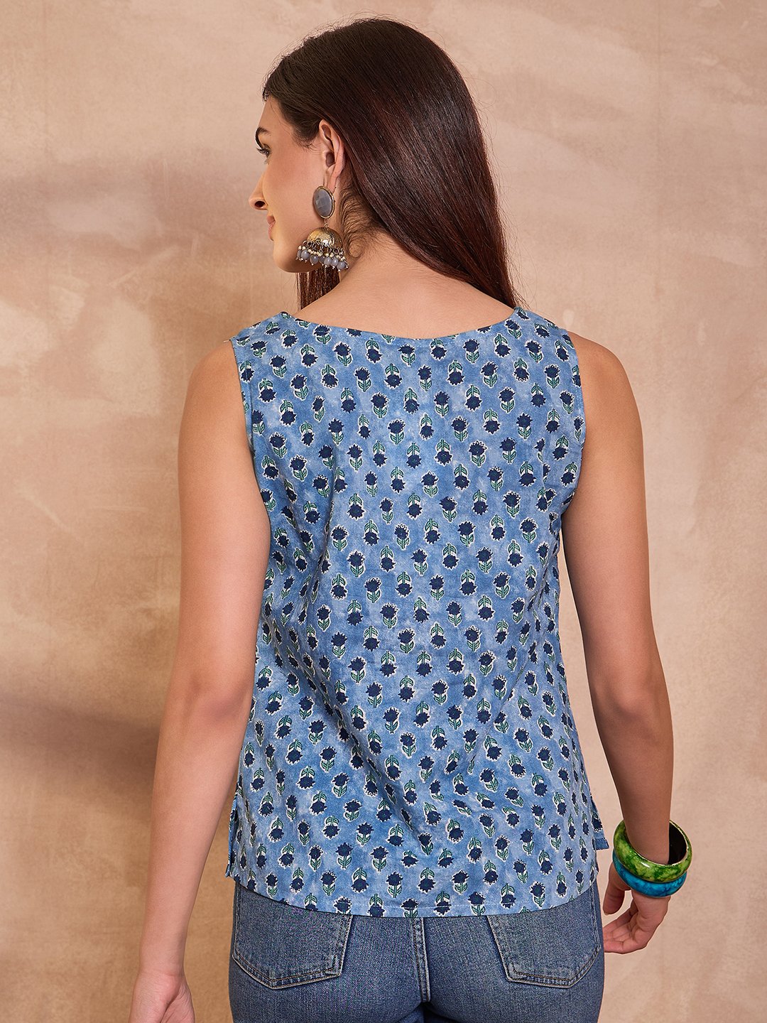 Blue Floral Print Sleeveless Cotton Blend Top