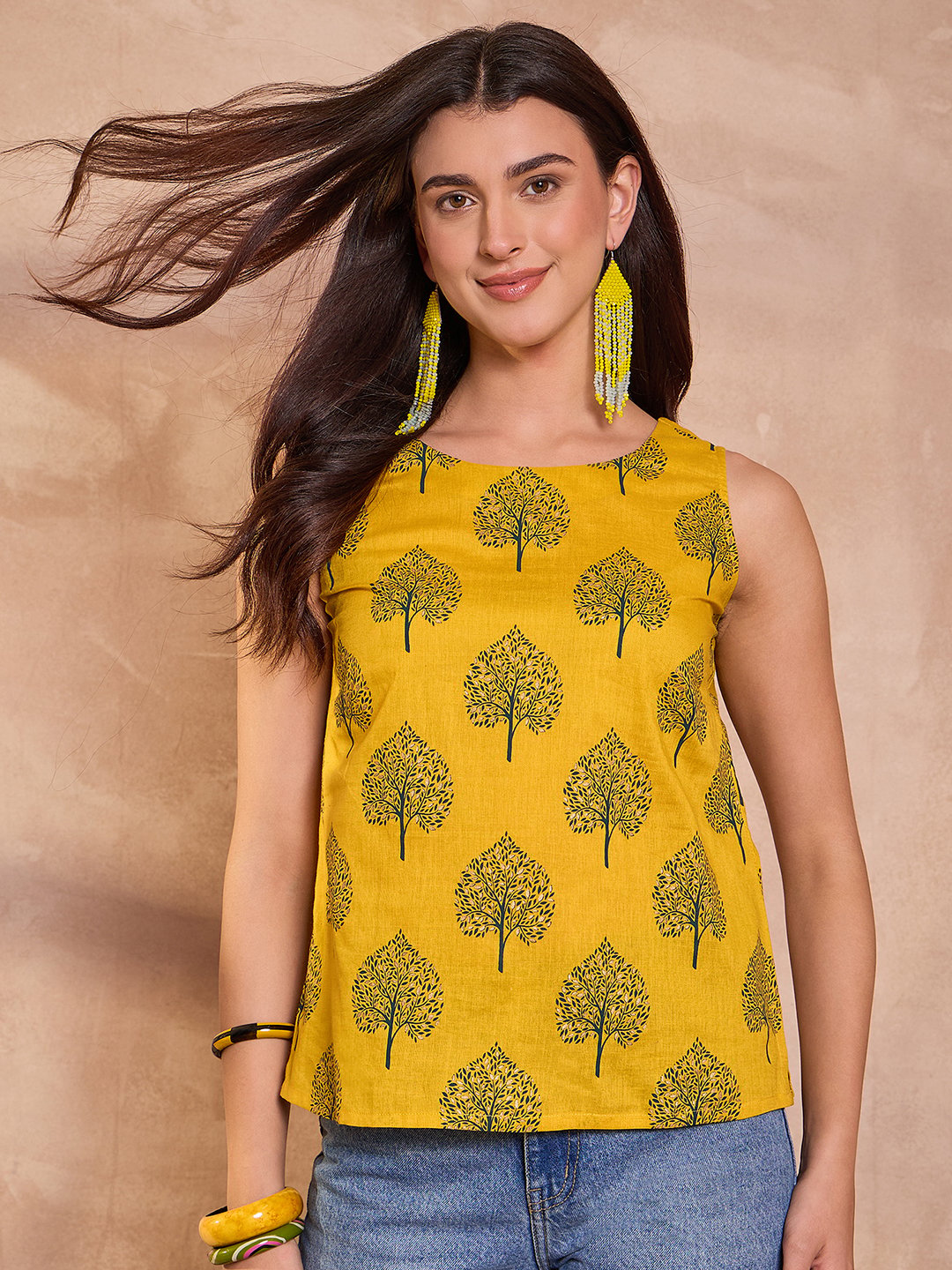 Yellow Cotton Blend Floral Printed Top