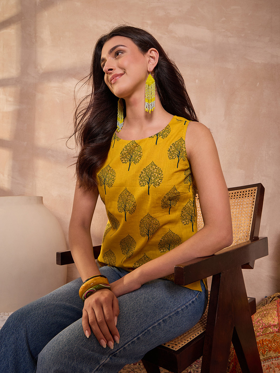 Yellow Cotton Blend Floral Printed Top