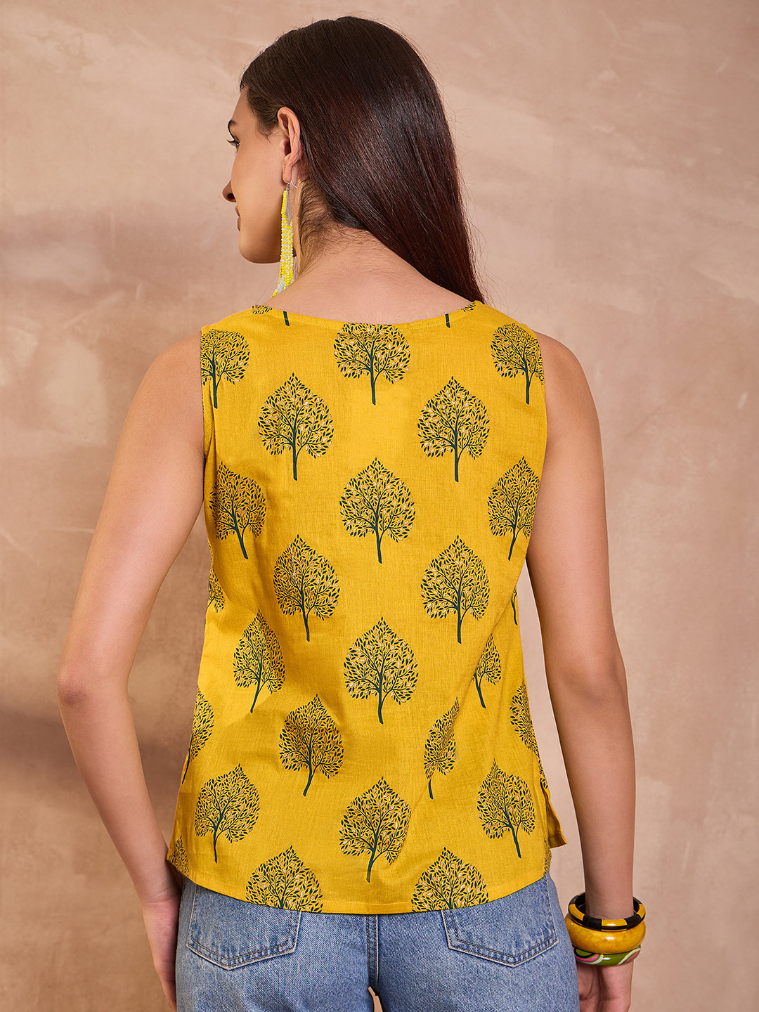 Yellow Cotton Blend Floral Printed Top