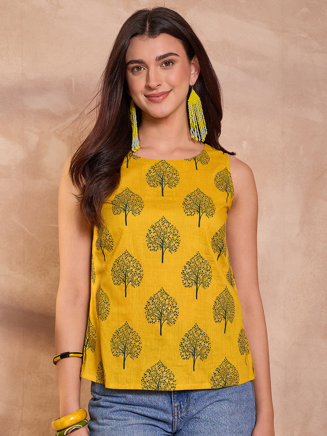 Yellow Cotton Blend Floral Printed Top