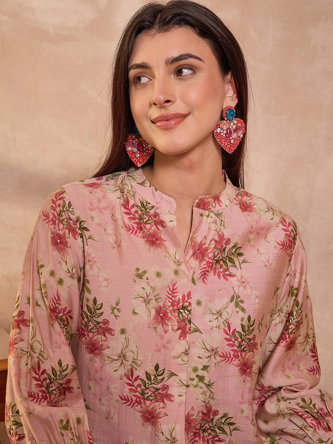 Pink Floral Mandarin Collar Top