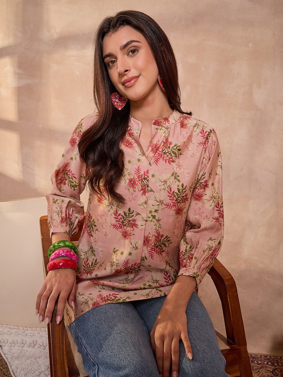 Pink Floral Mandarin Collar Top