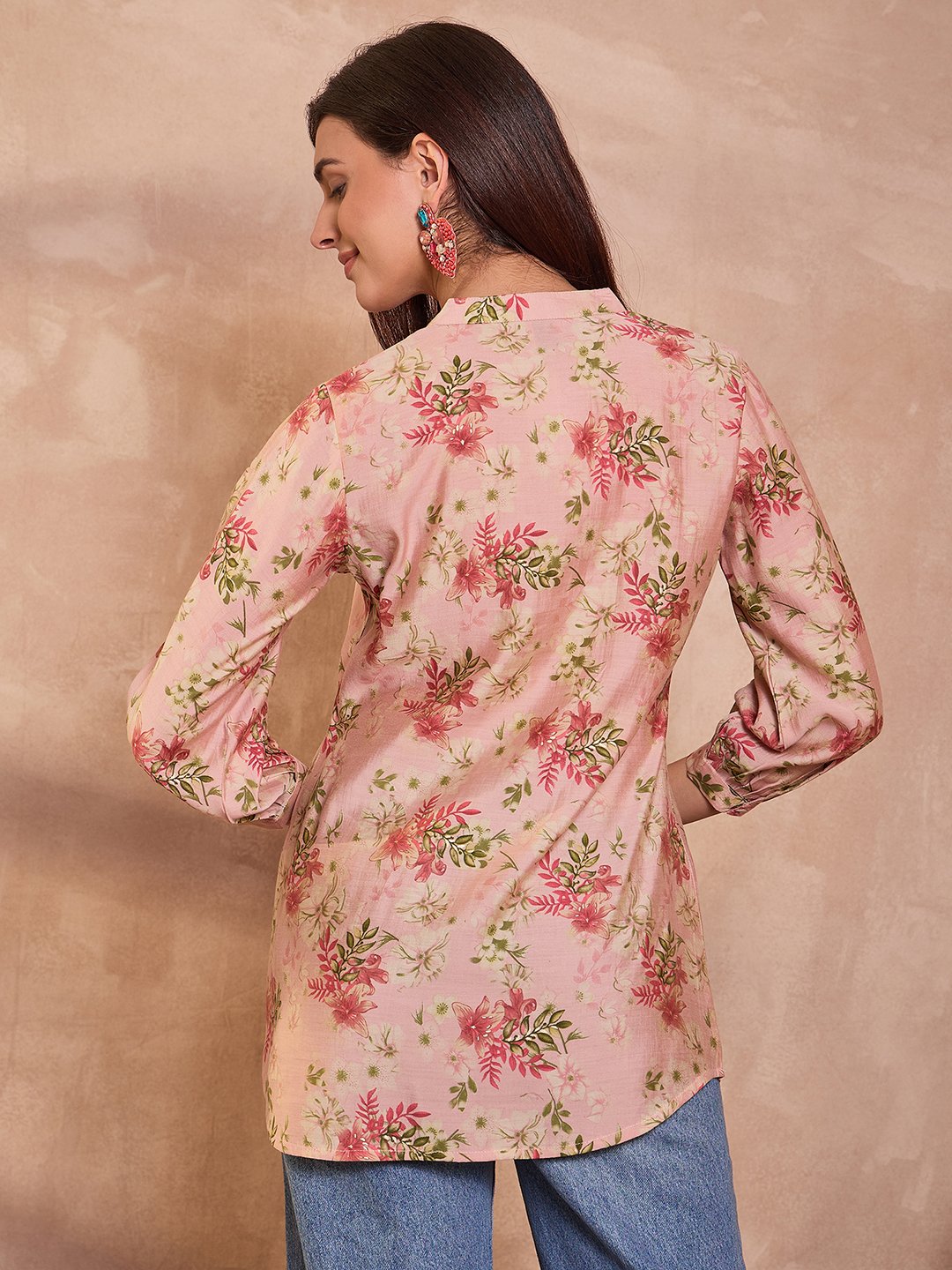 Pink Floral Mandarin Collar Top