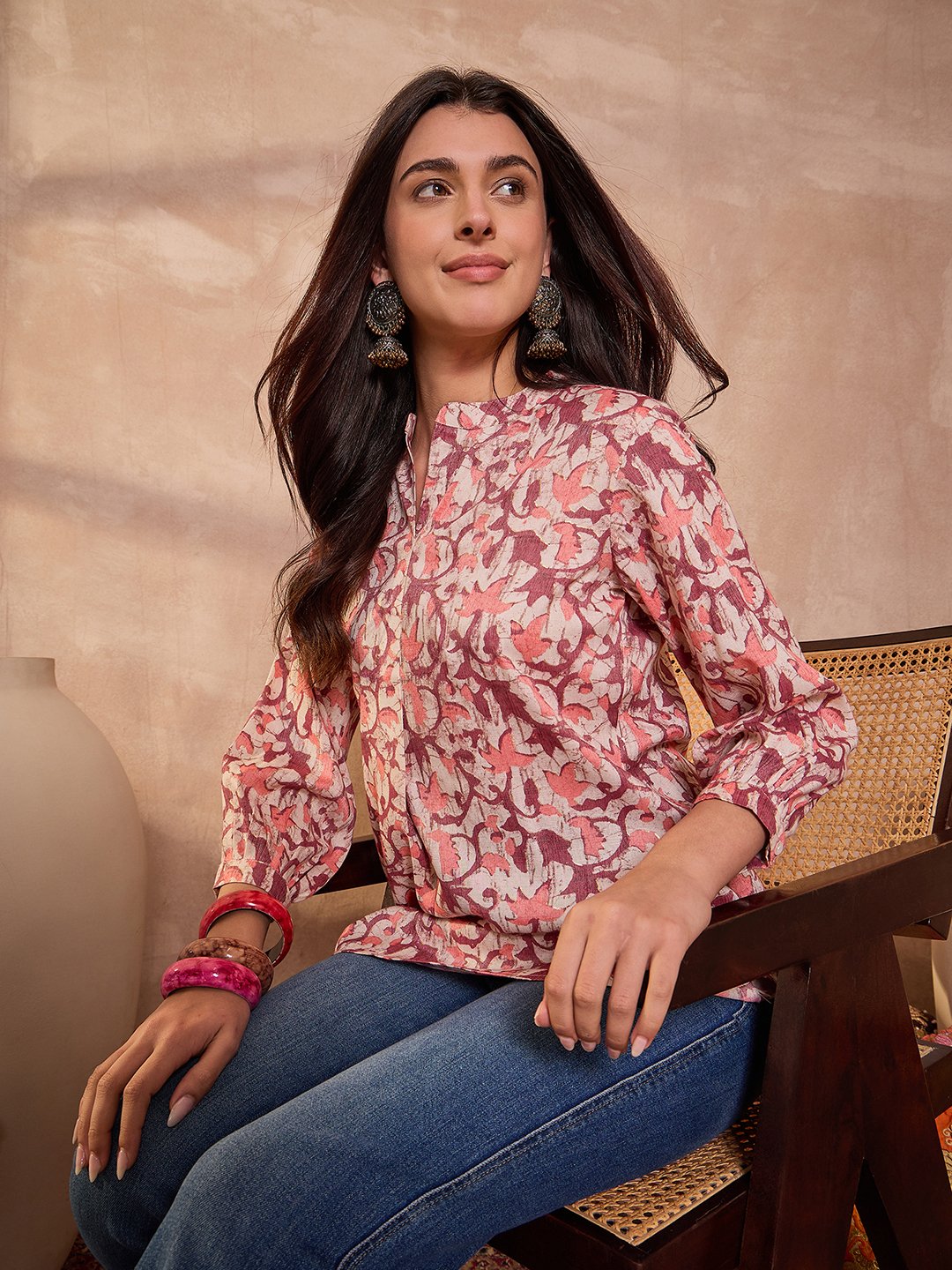 Floral Print Mandarin Collar Cotton Blend Tunic Top