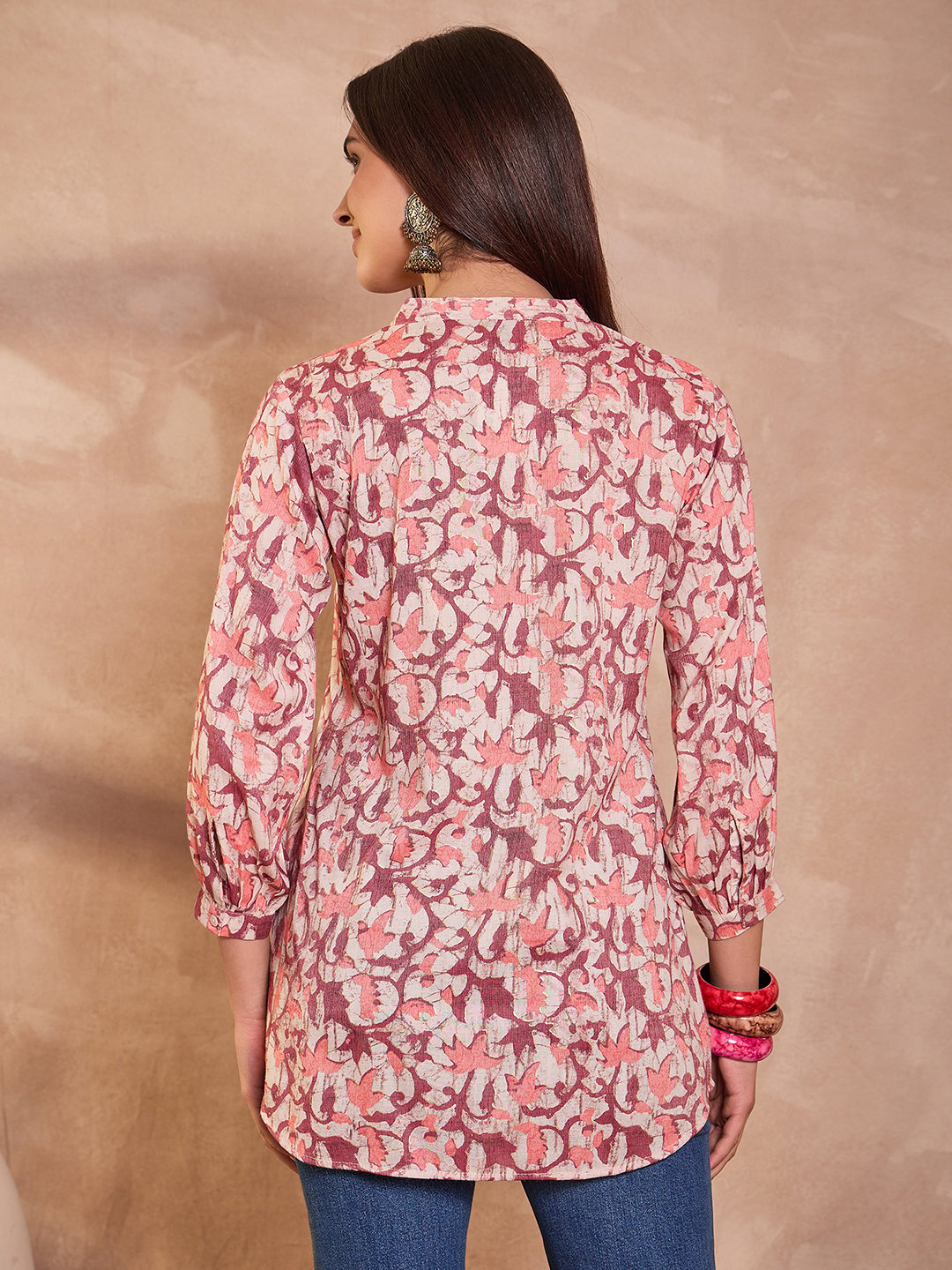Floral Print Mandarin Collar Cotton Blend Tunic Top
