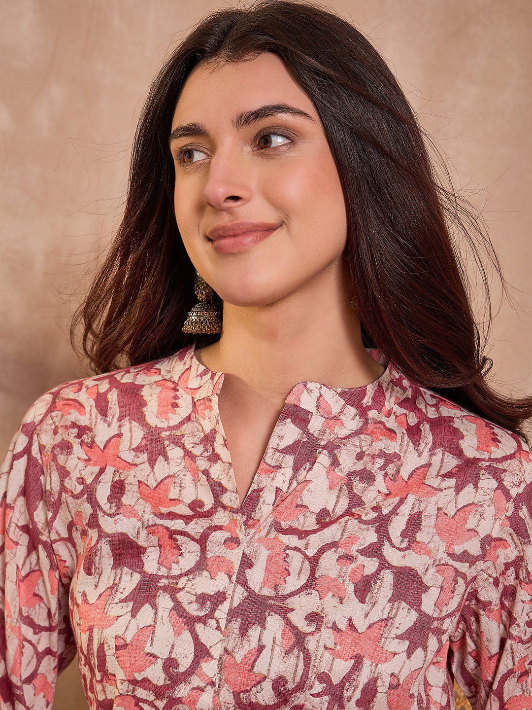Floral Print Mandarin Collar Cotton Blend Tunic Top