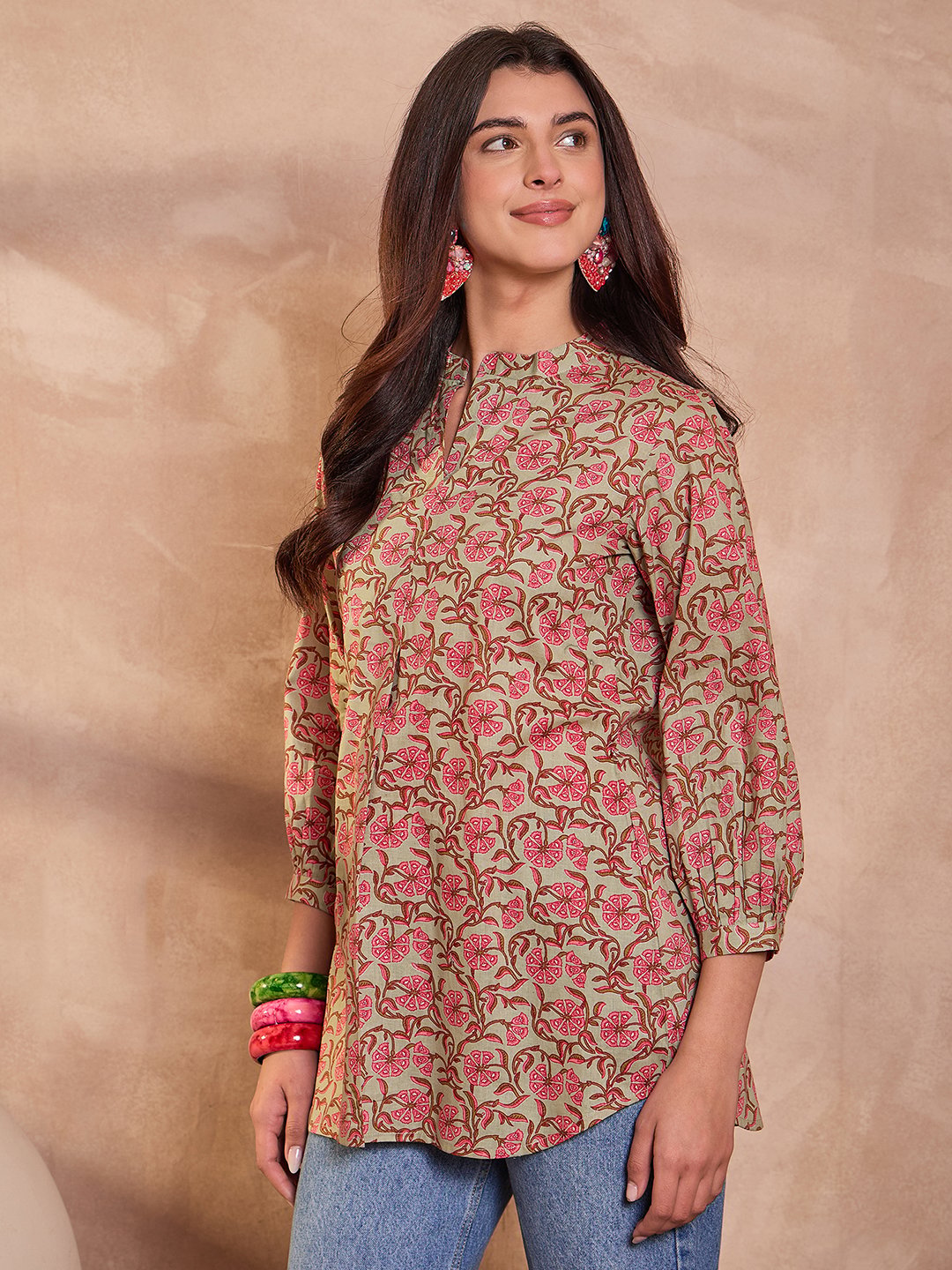 Green Cotton Floral Printed Top
