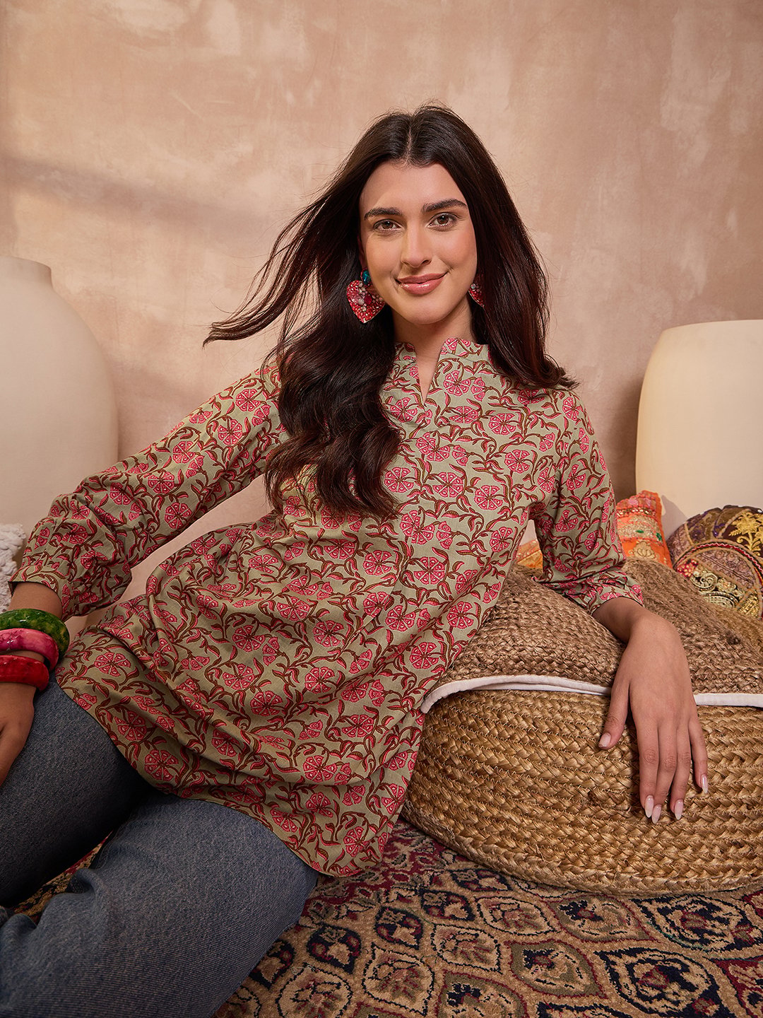 Green Cotton Floral Printed Top