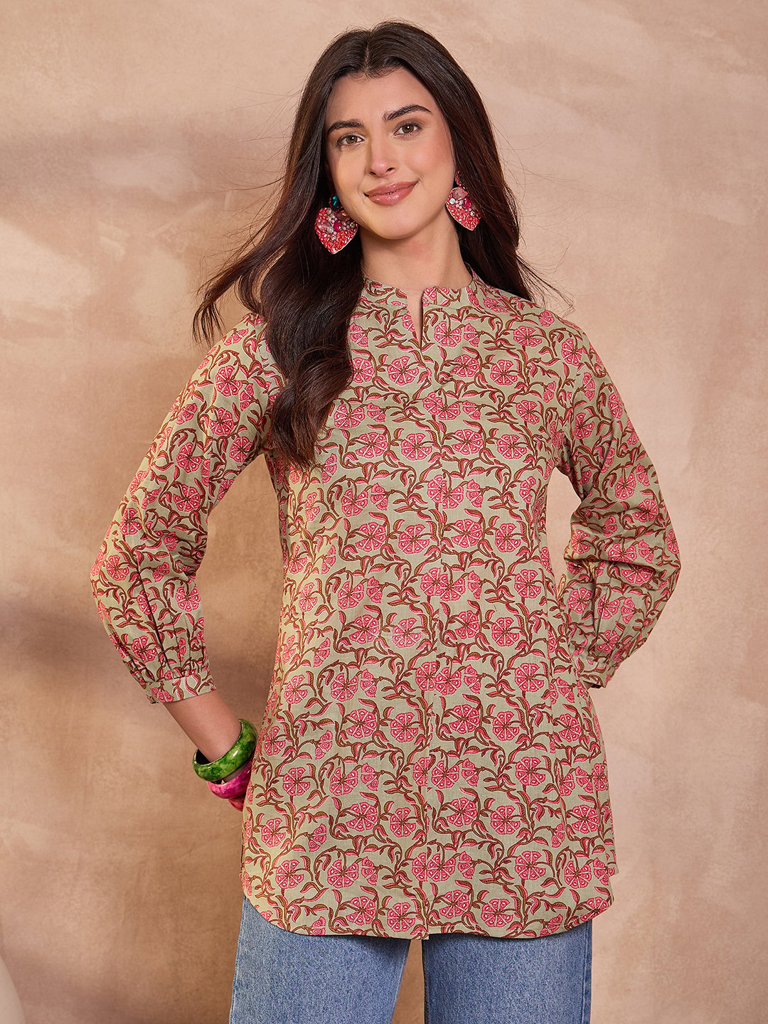 Green Cotton Floral Printed Top