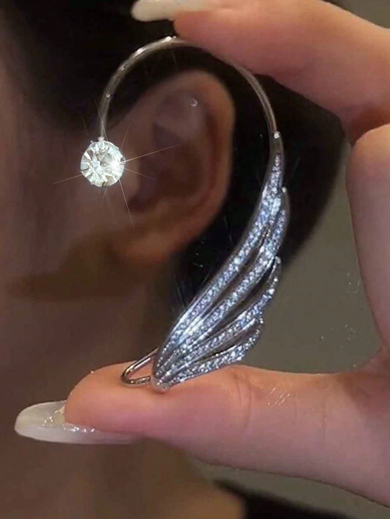 Silver Angel Wing Ear Cuff with Crystal