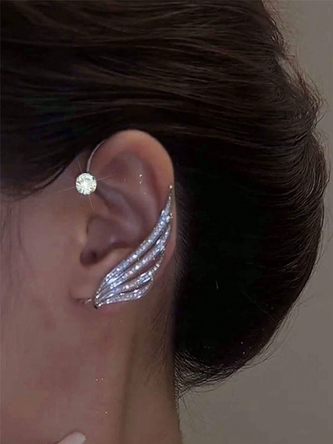 Silver Angel Wing Ear Cuff with Crystal