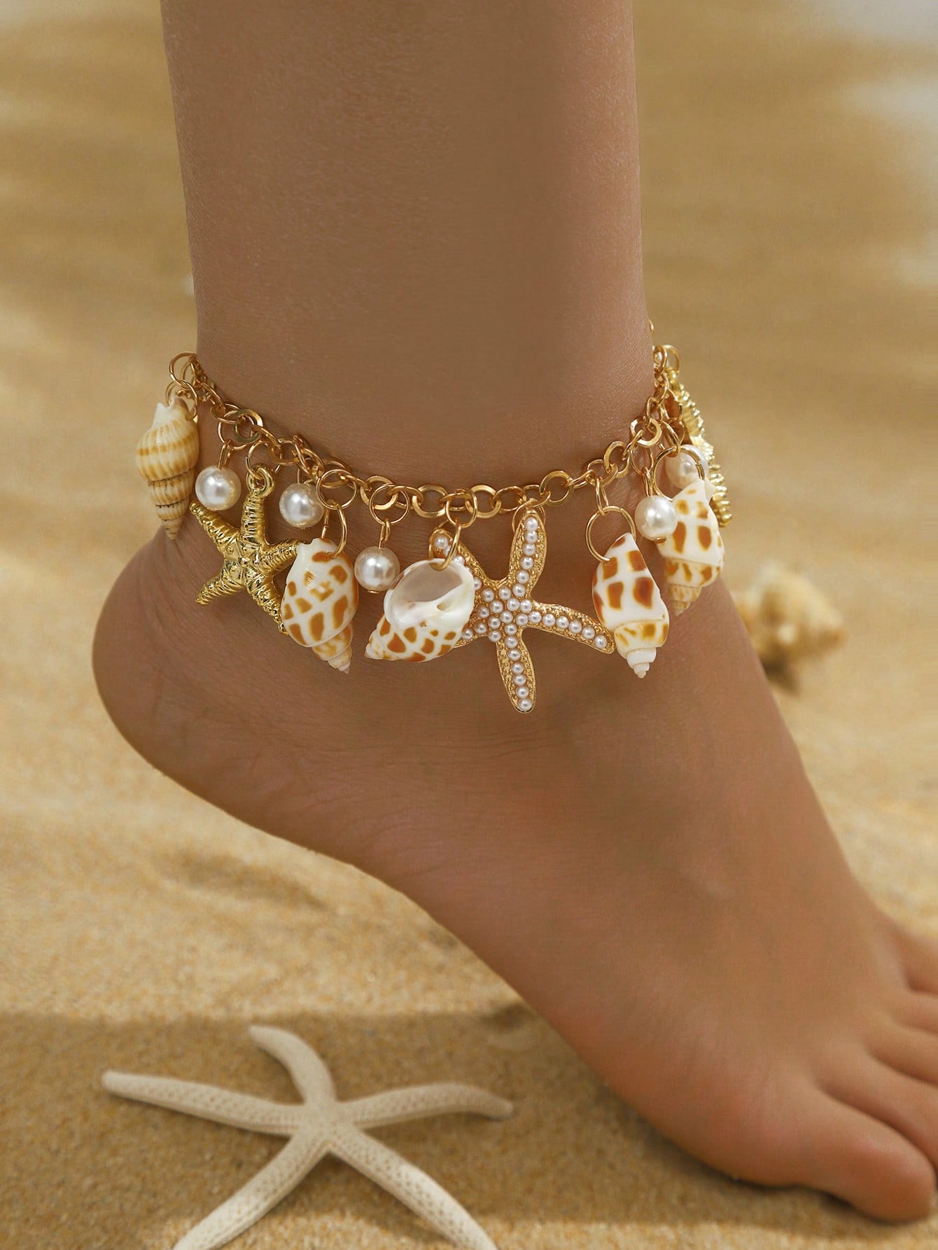 Golden Starfish And Shell Charm Anklet