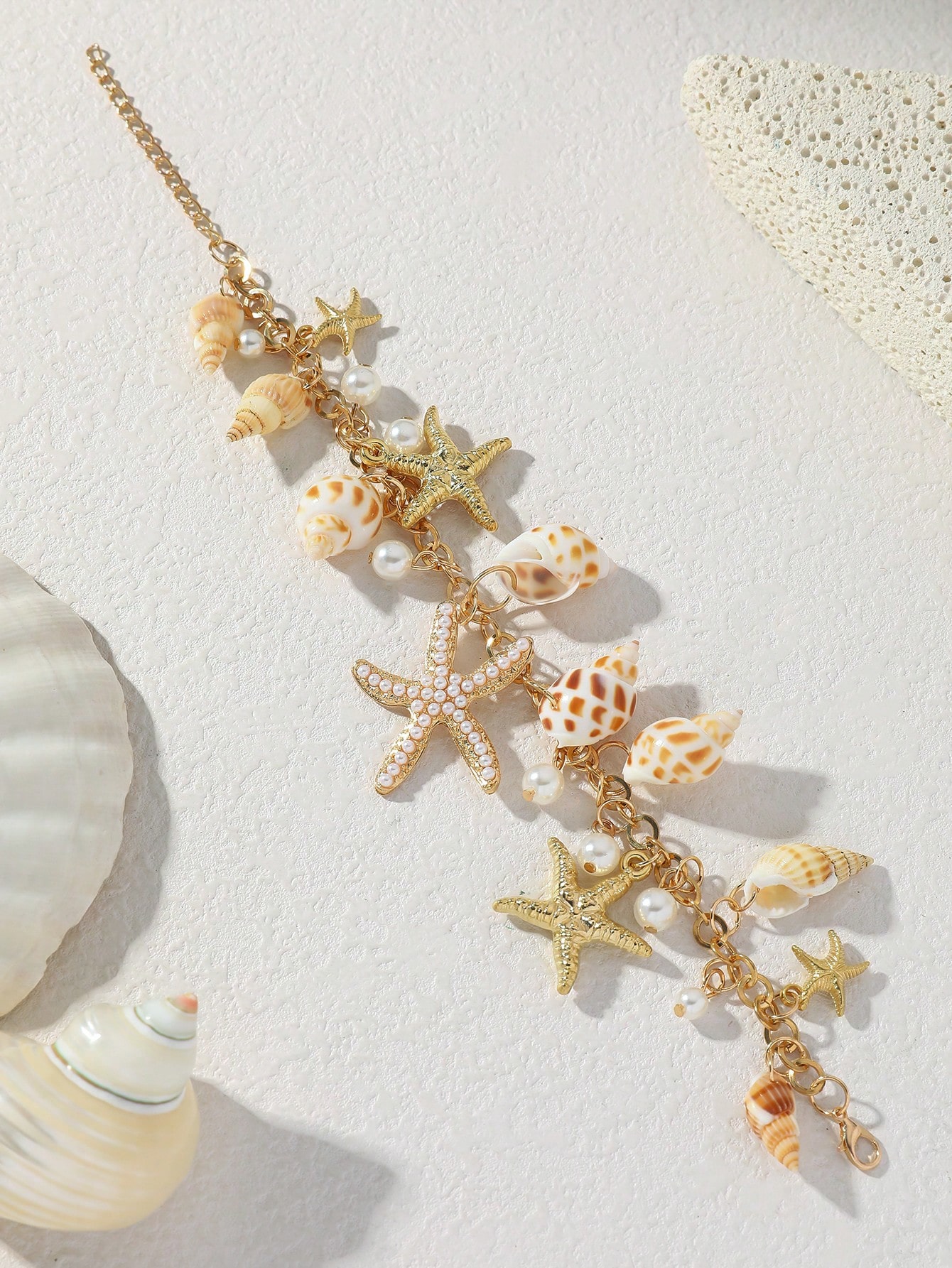 Golden Starfish And Shell Charm Anklet