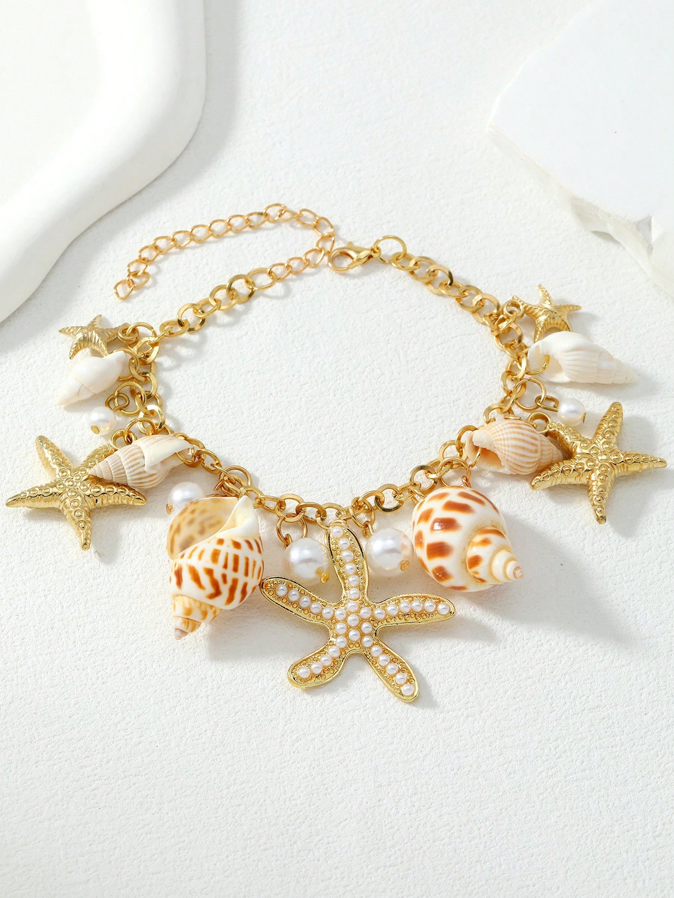 Golden Starfish And Shell Charm Anklet