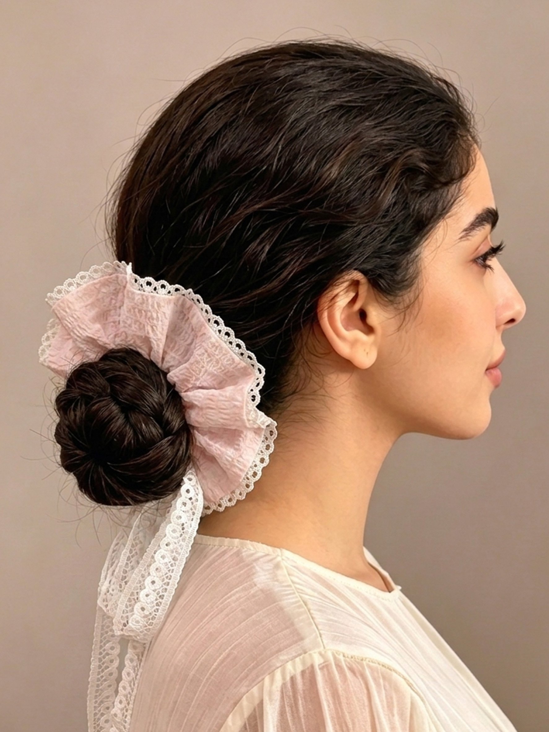 Light Pink Crinkle Scrunchie with Lace Trim, 13cm