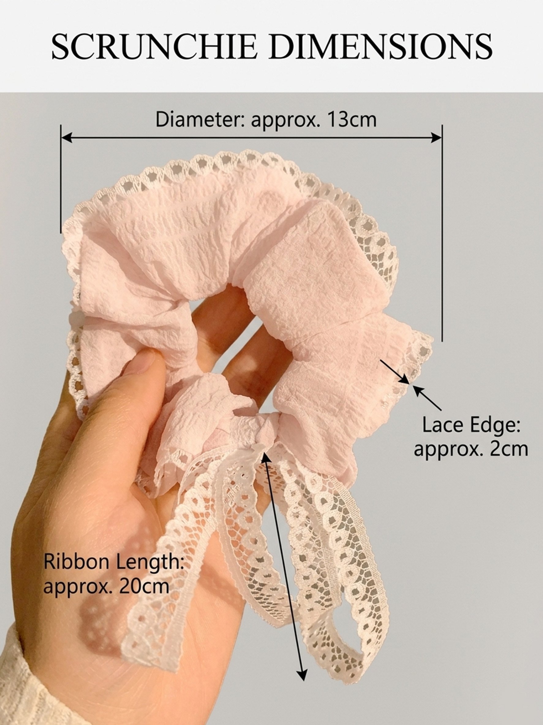 Light Pink Crinkle Scrunchie with Lace Trim, 13cm