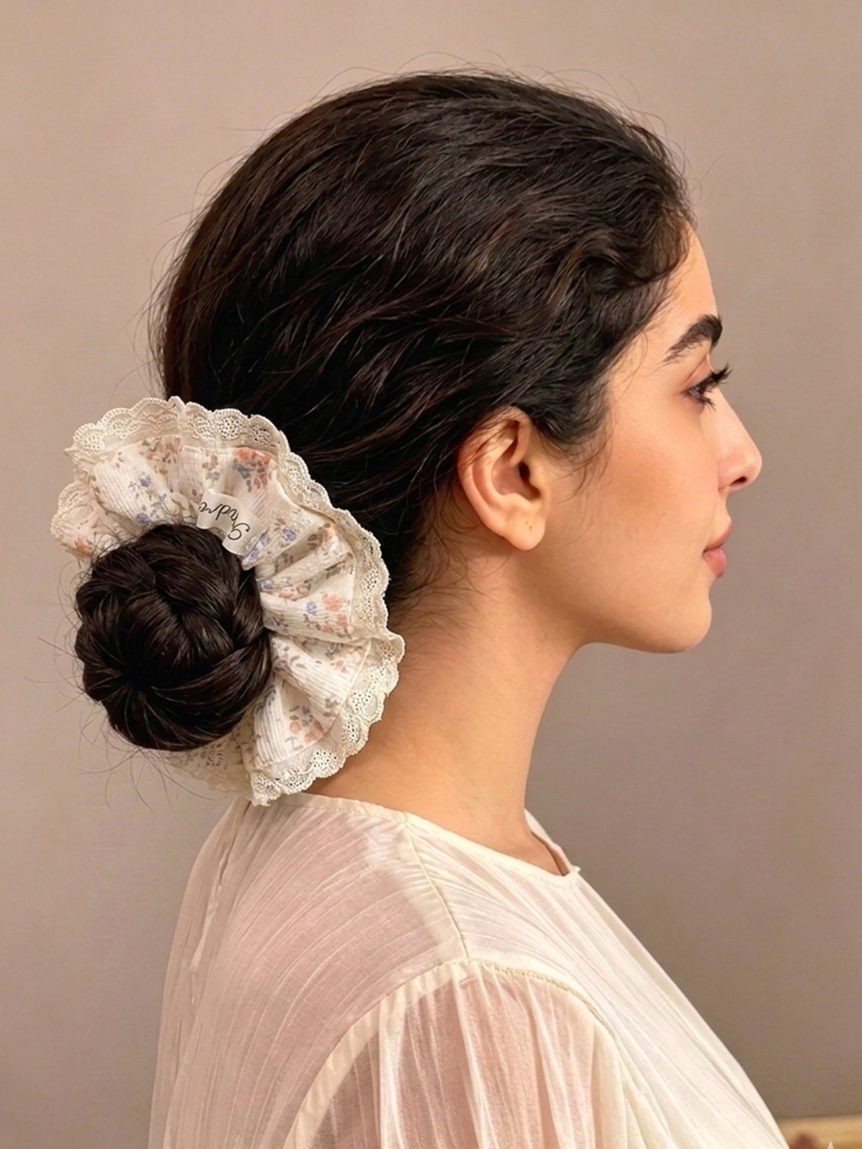 Cream Tiny Floral Print Scrunchie with Lace Trim, 13cm
