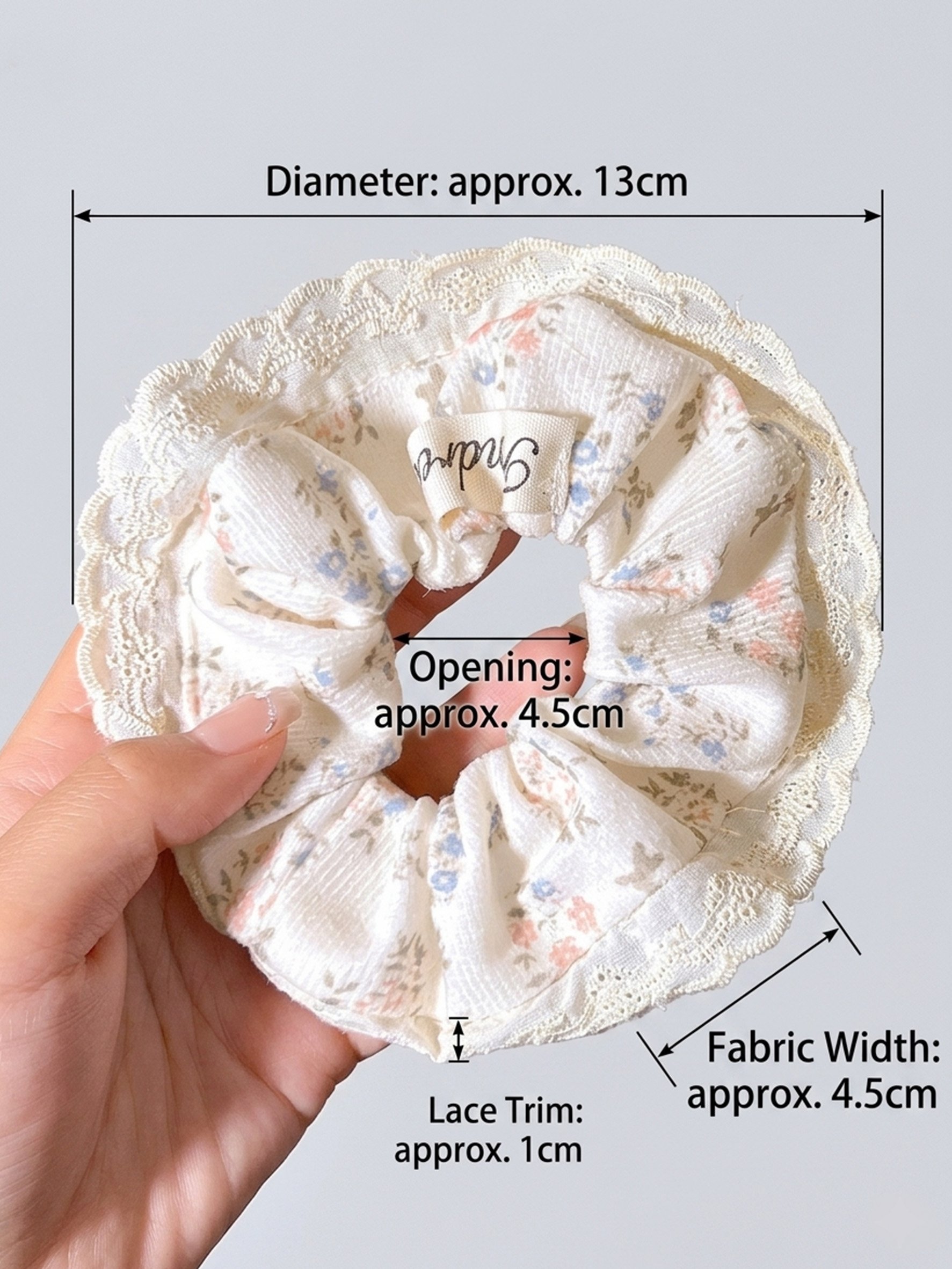 Cream Tiny Floral Print Scrunchie with Lace Trim, 13cm