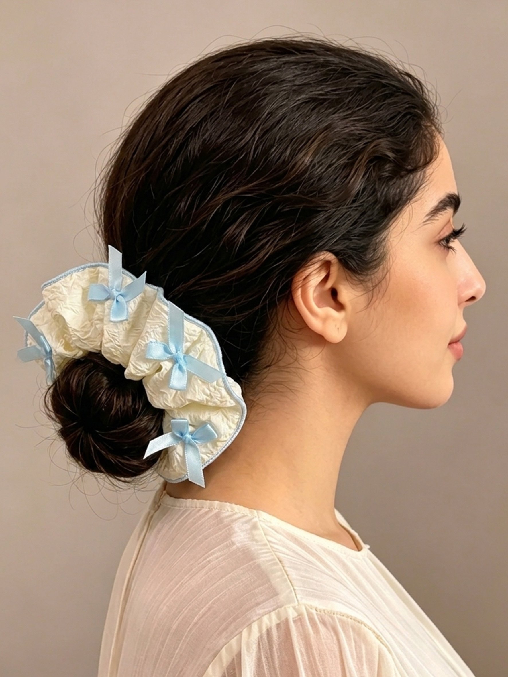 Cream Crinkle Scrunchie with Satin Mini Bow, 14cm