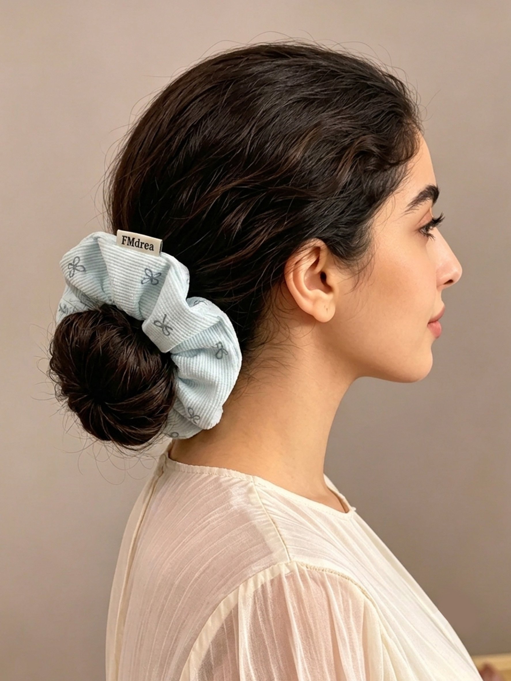 Light Blue Corduroy Scrunchie with Bow Print, 10cm