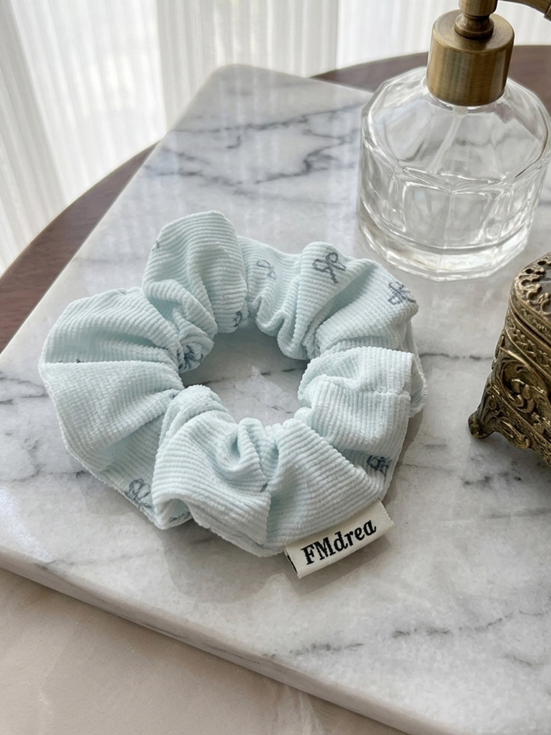 Light Blue Corduroy Scrunchie with Bow Print, 10cm