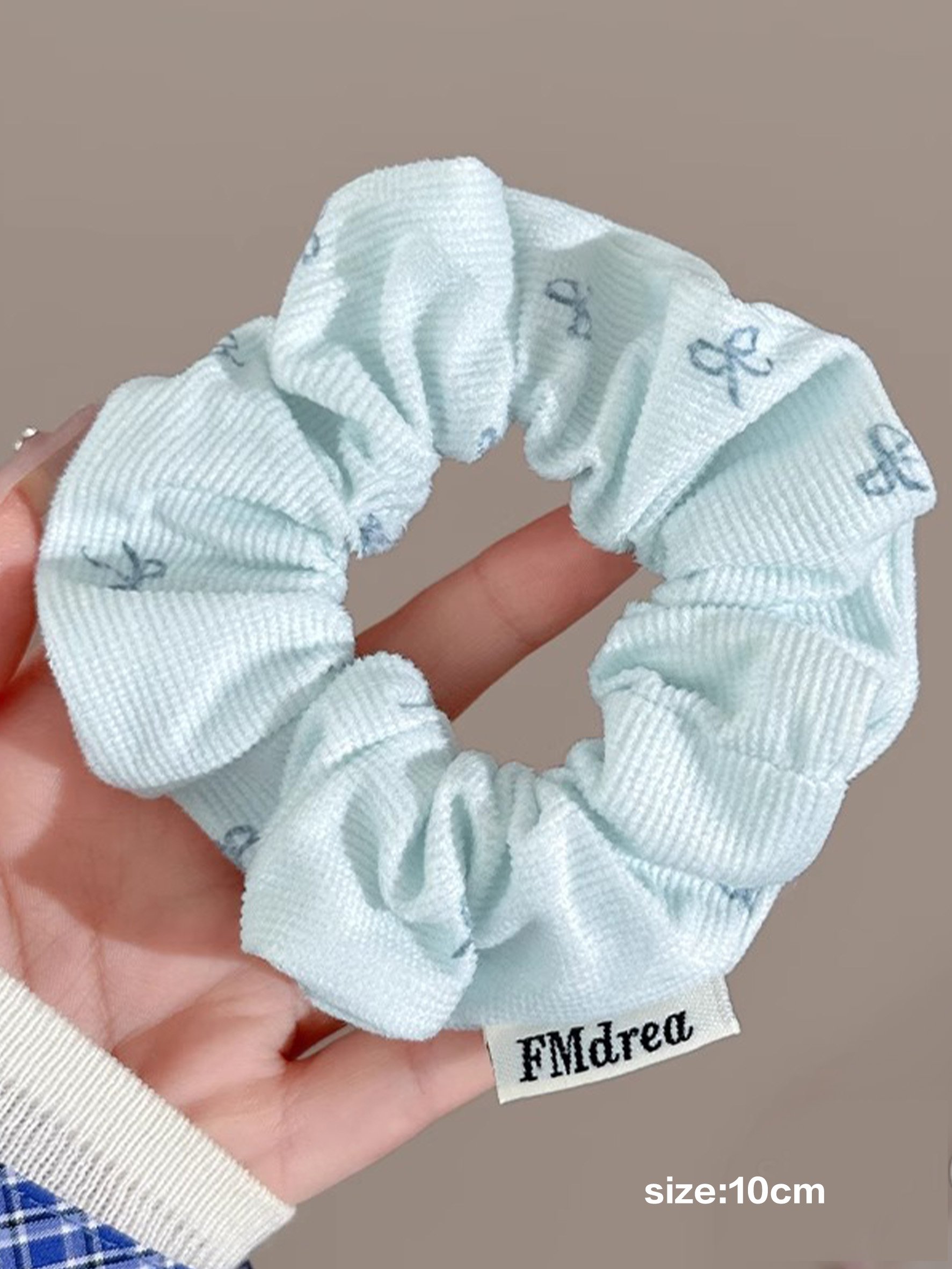 Light Blue Corduroy Scrunchie with Bow Print, 10cm
