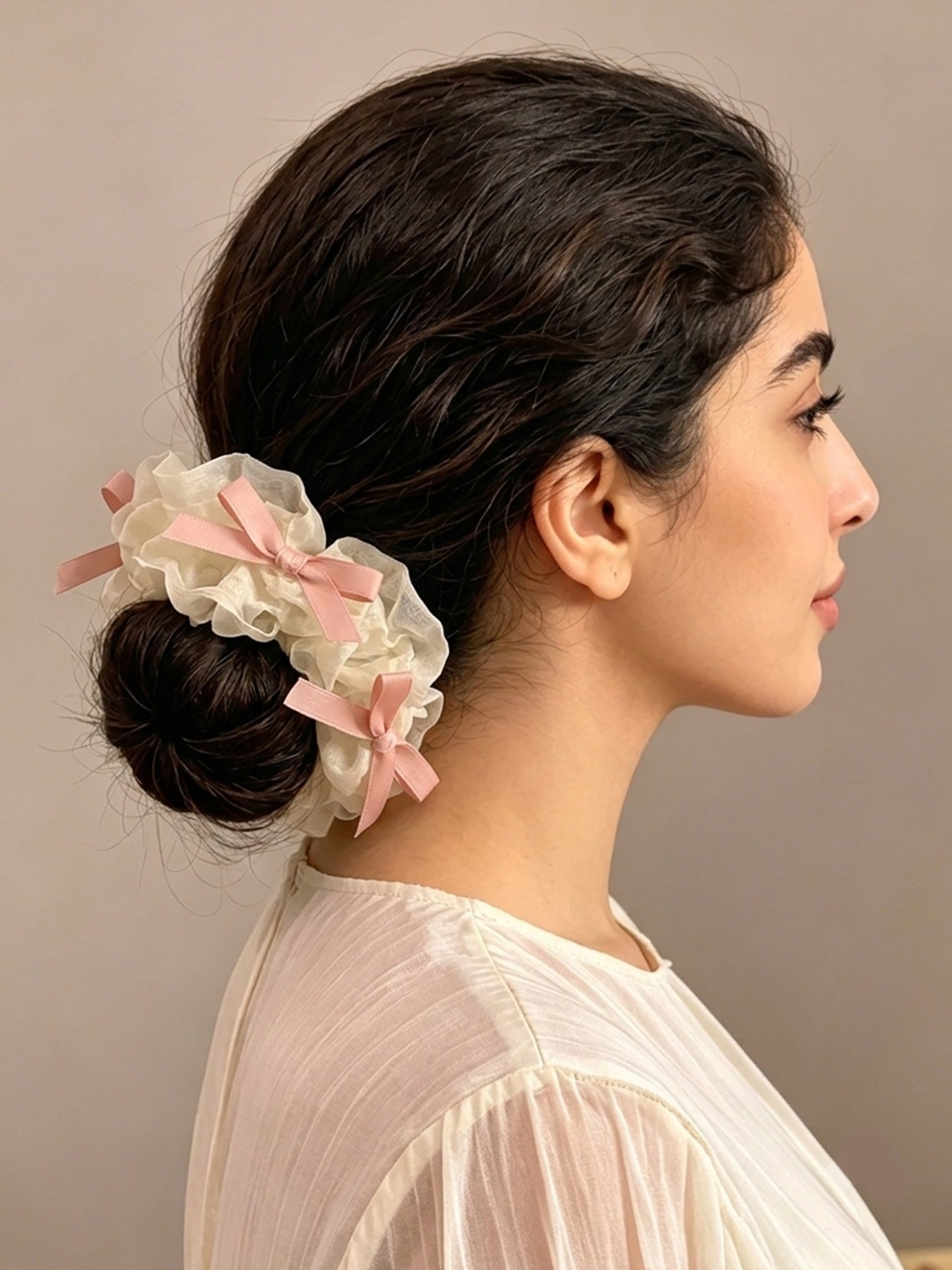 Cream Ruffled Organza Scrunchie with Mini Bows, 13cm