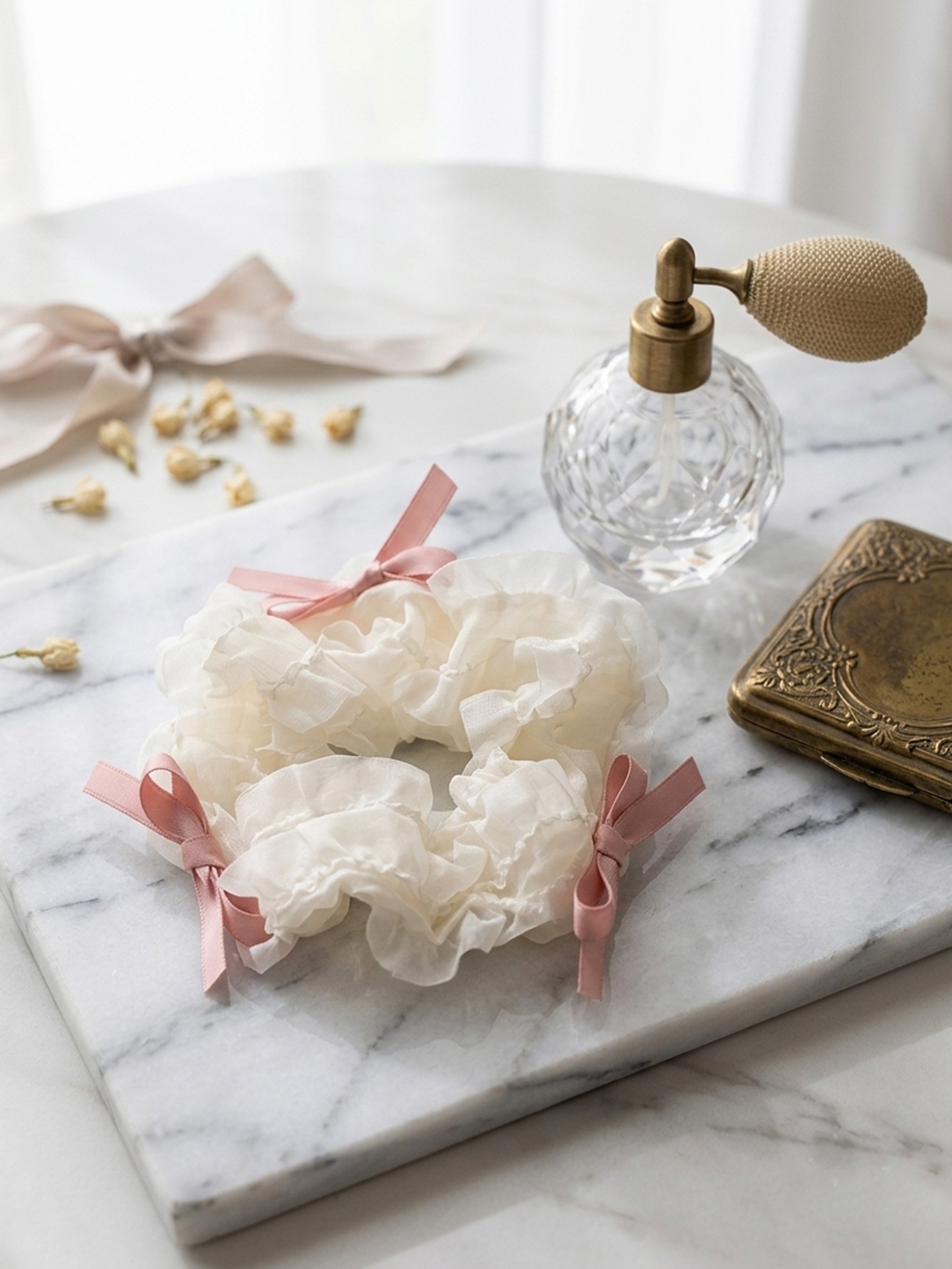 Cream Ruffled Organza Scrunchie with Mini Bows, 13cm
