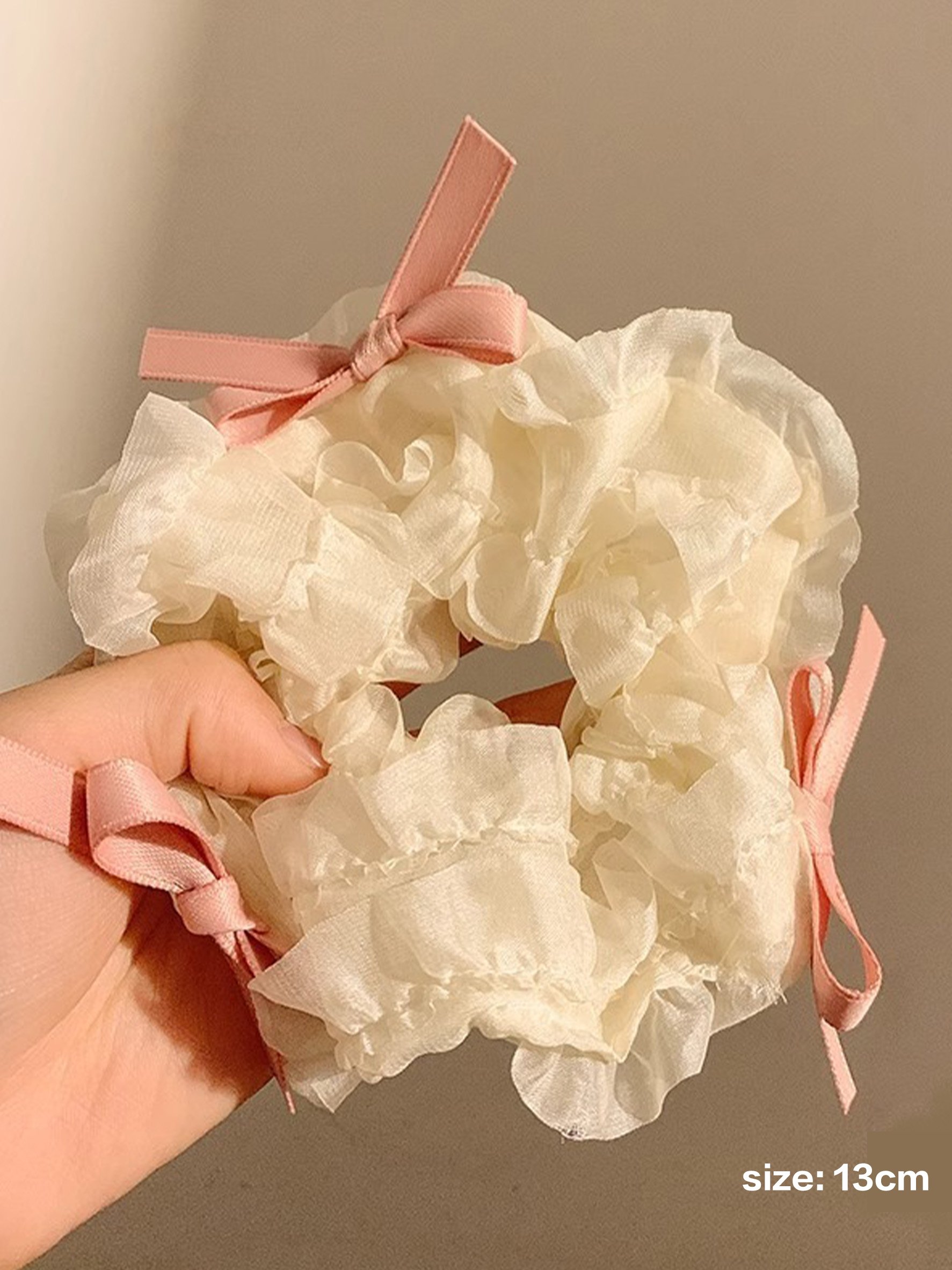 Cream Ruffled Organza Scrunchie with Mini Bows, 13cm