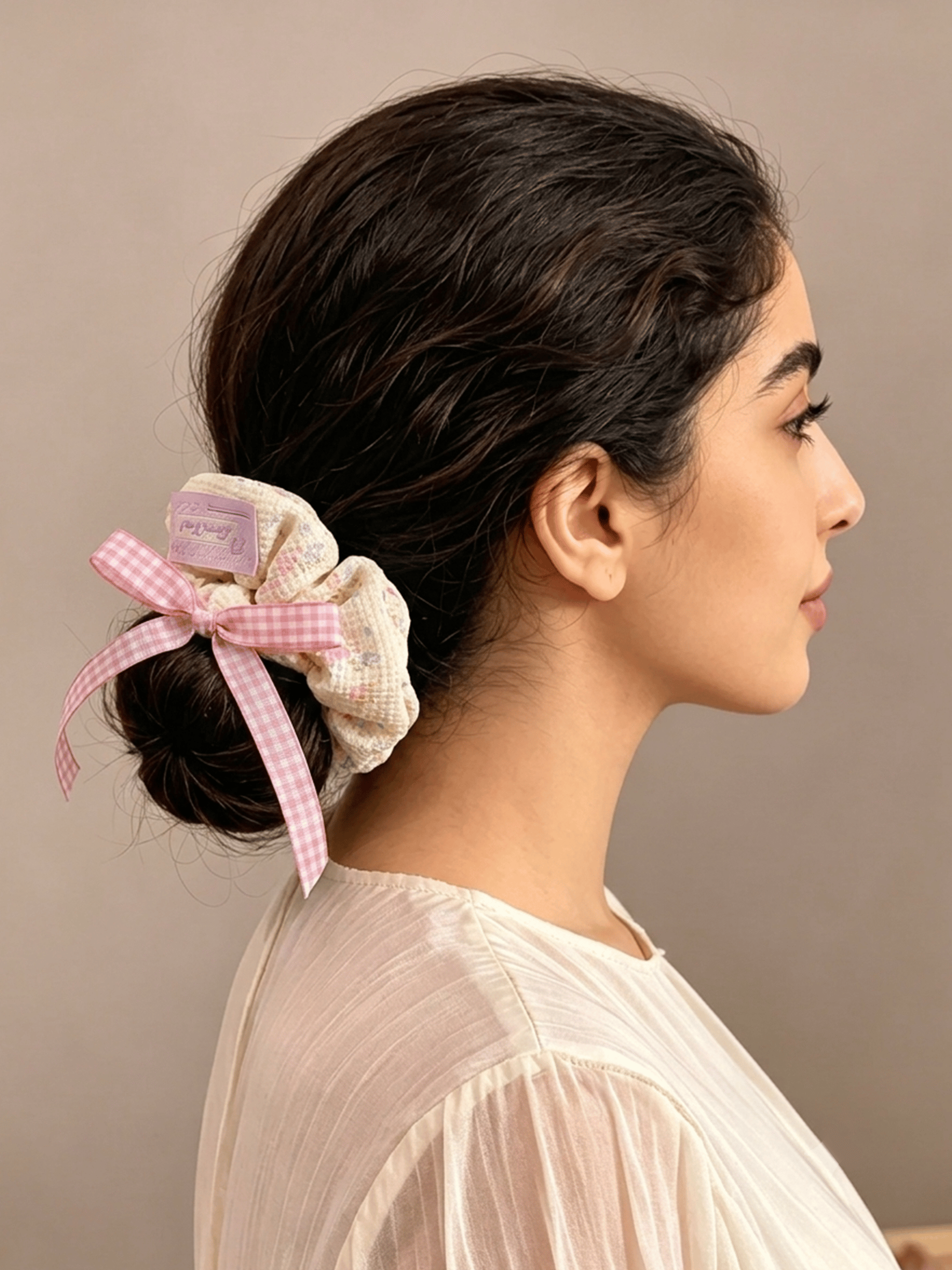 Cream Waffle Floral Print Scrunchie, 10cm