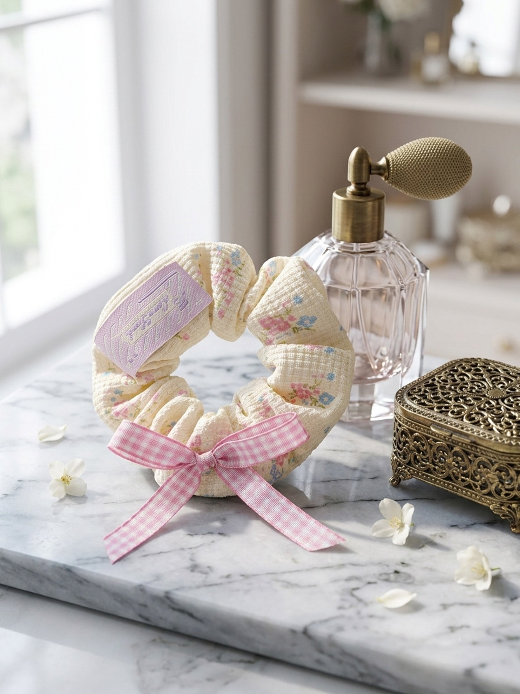 Cream Waffle Floral Print Scrunchie, 10cm