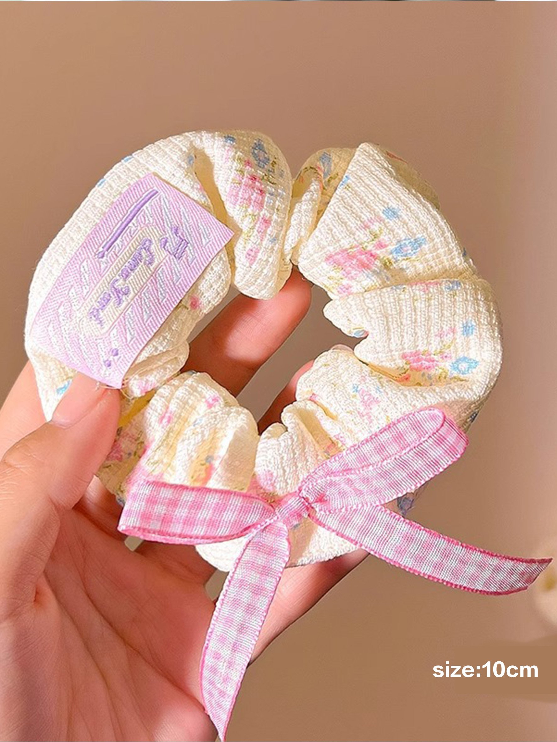 Cream Waffle Floral Print Scrunchie, 10cm