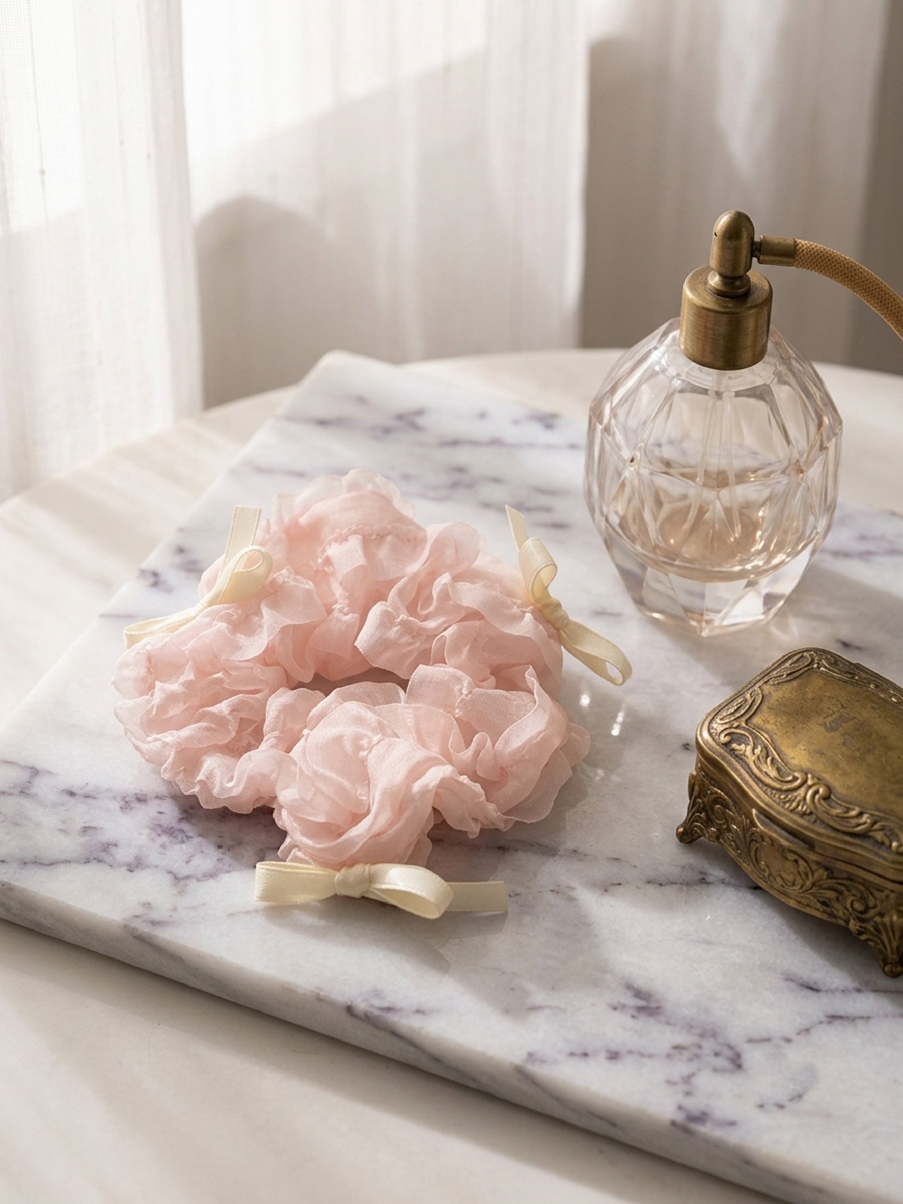 Light Pink Ruffled Organza Scrunchie with Mini Bows, 13cm