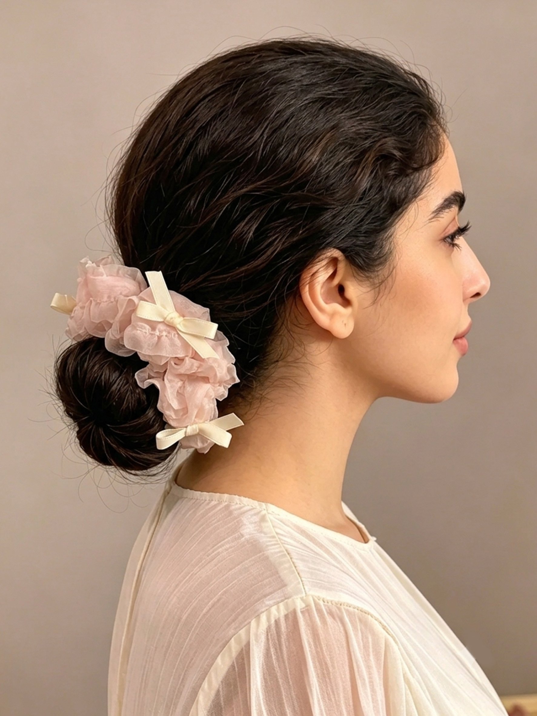 Light Pink Ruffled Organza Scrunchie with Mini Bows, 13cm