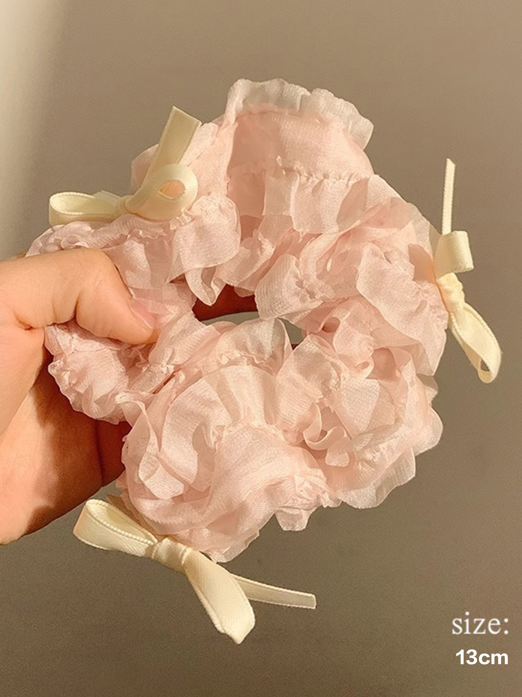 Light Pink Ruffled Organza Scrunchie with Mini Bows, 13cm