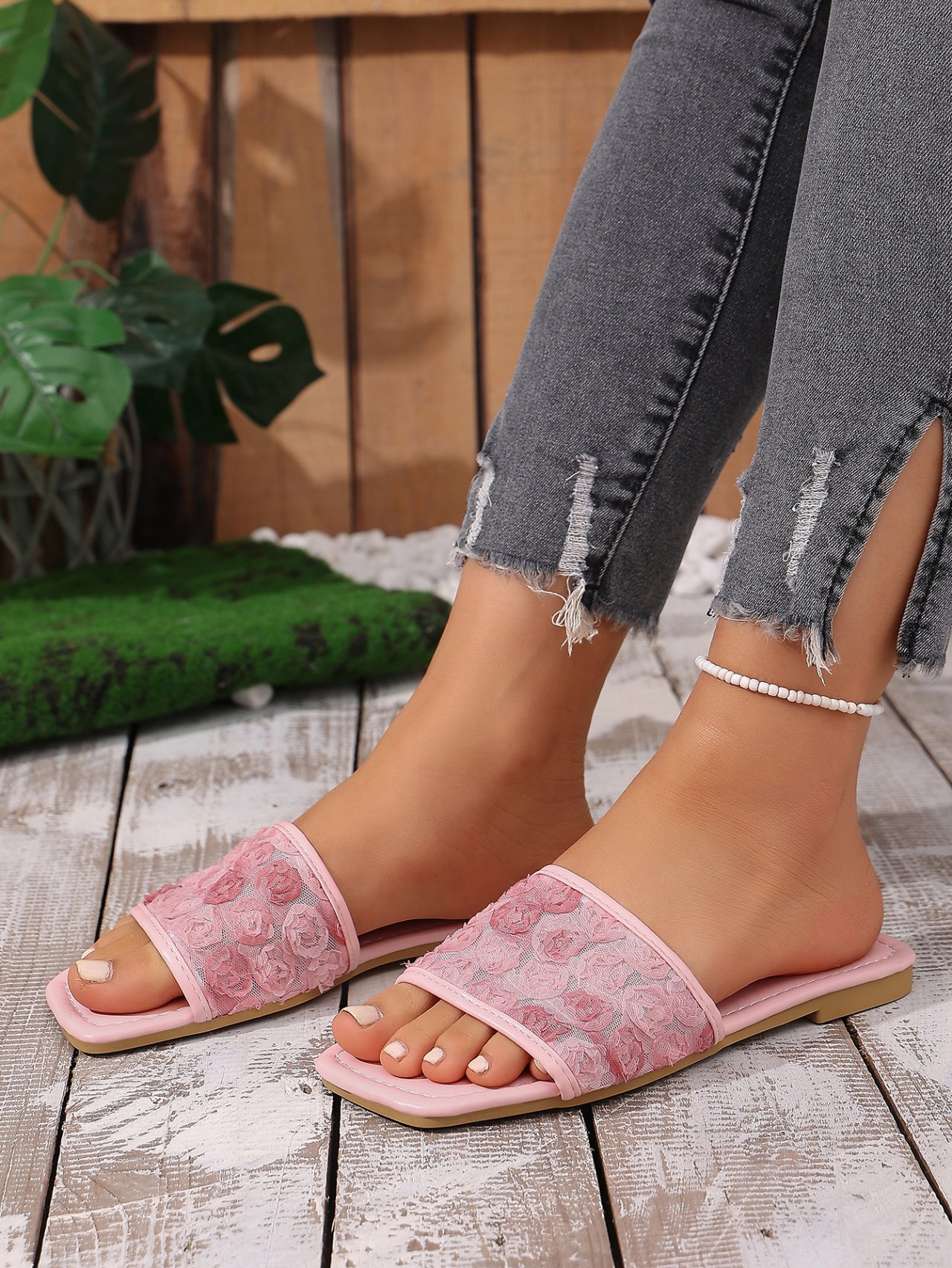 Pink Floral Mesh Flat Sandals for Women