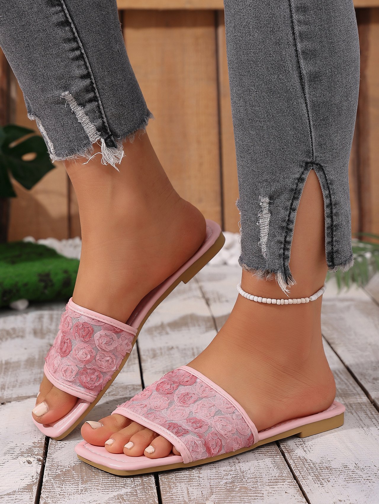 Pink Floral Mesh Flat Sandals for Women