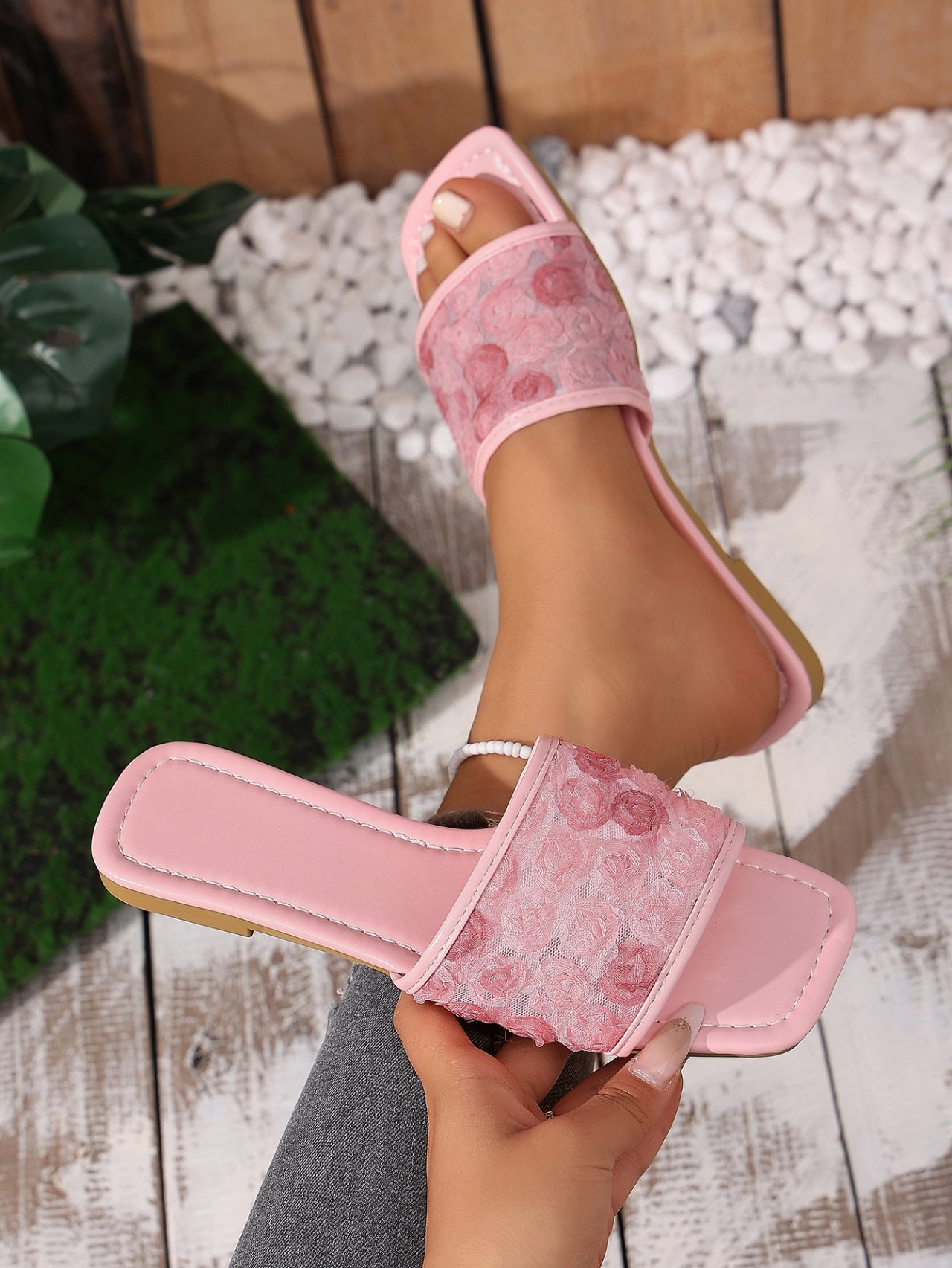 Pink Floral Mesh Flat Sandals for Women