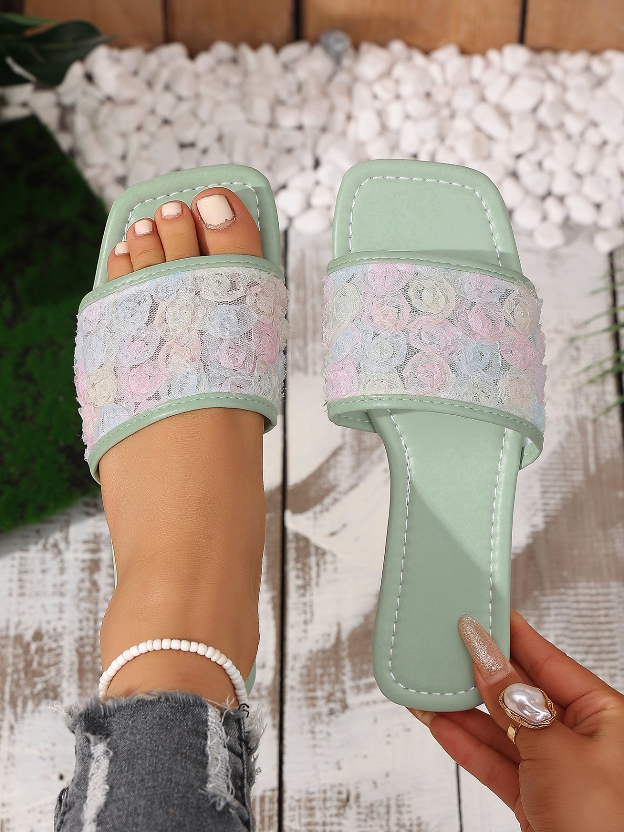 Mint Green Floral Mesh Flat Sandals for Women