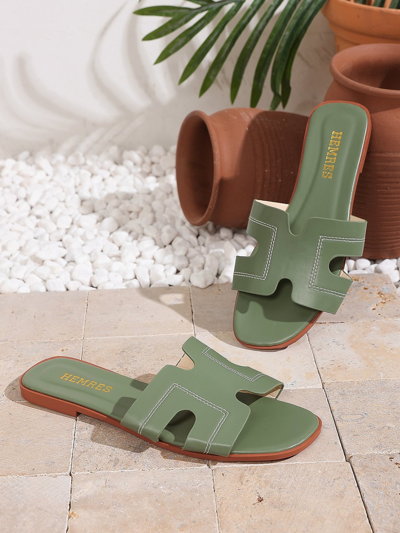 Green H-Strap Flat Sandals for Women