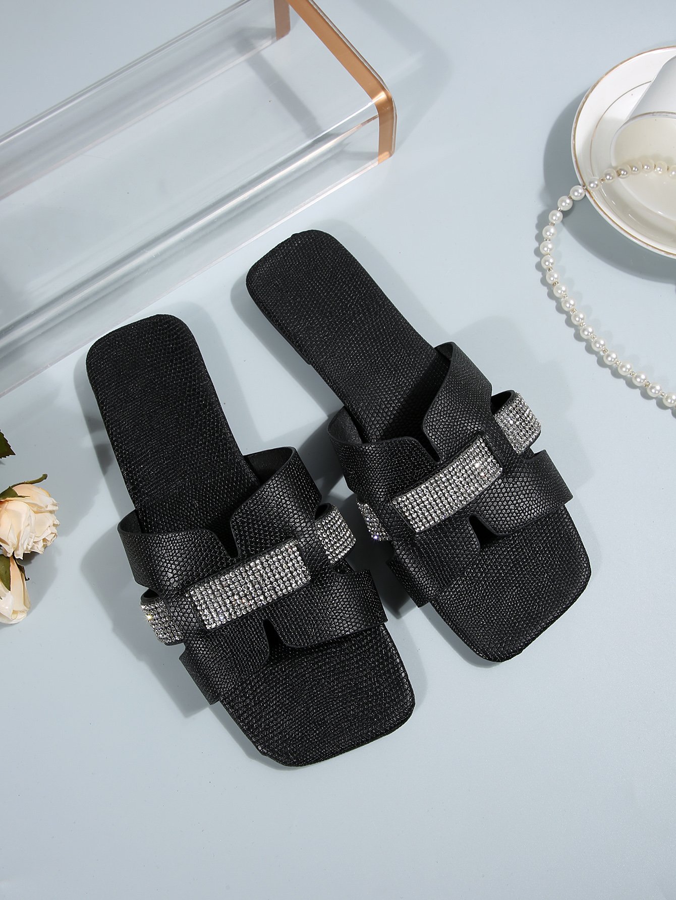 Womens Black Rhinestone Flat Sandals with Embellished Straps